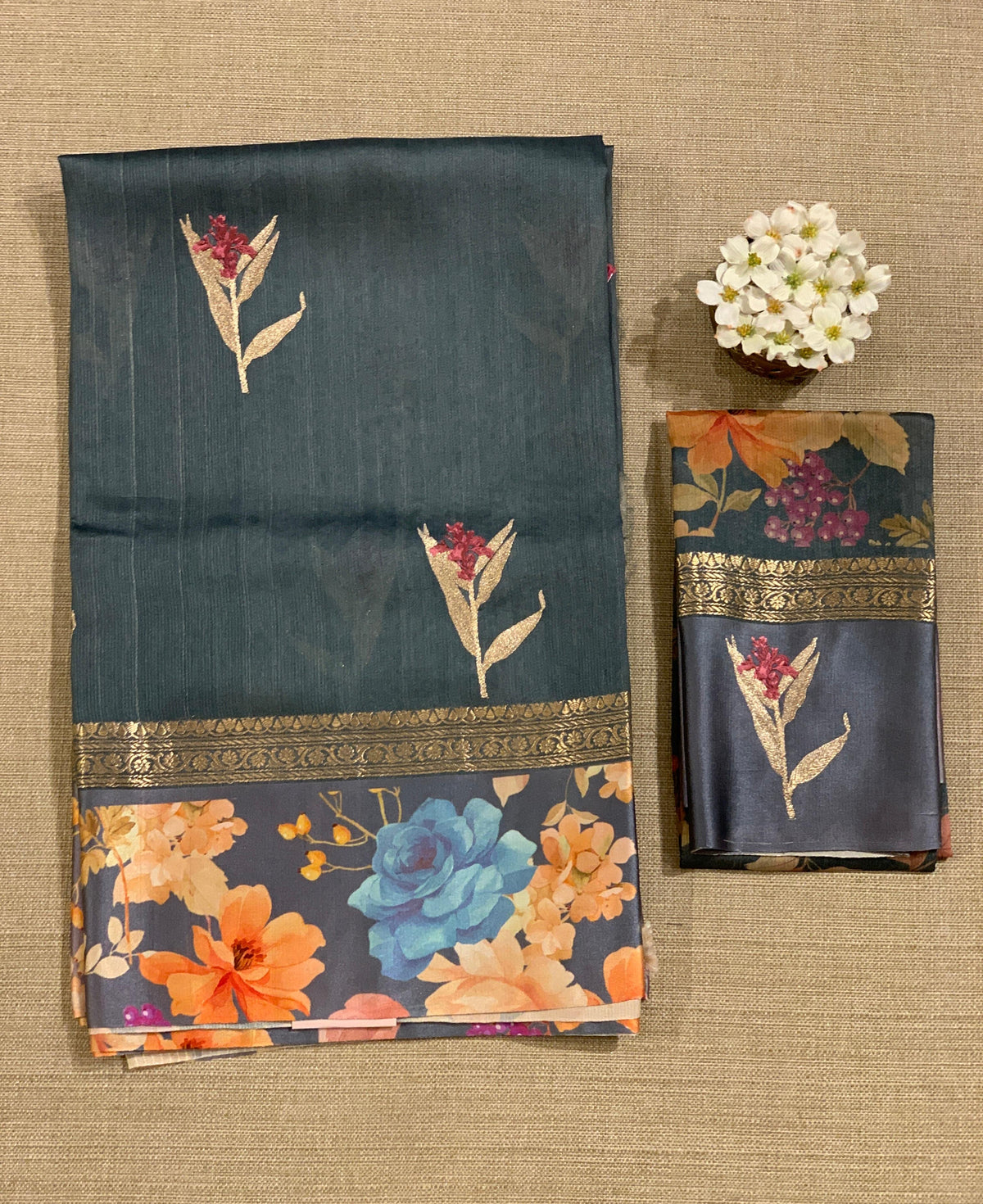 Elephant Grey Tussar Dhupion Saree with Floral printed mashru borders