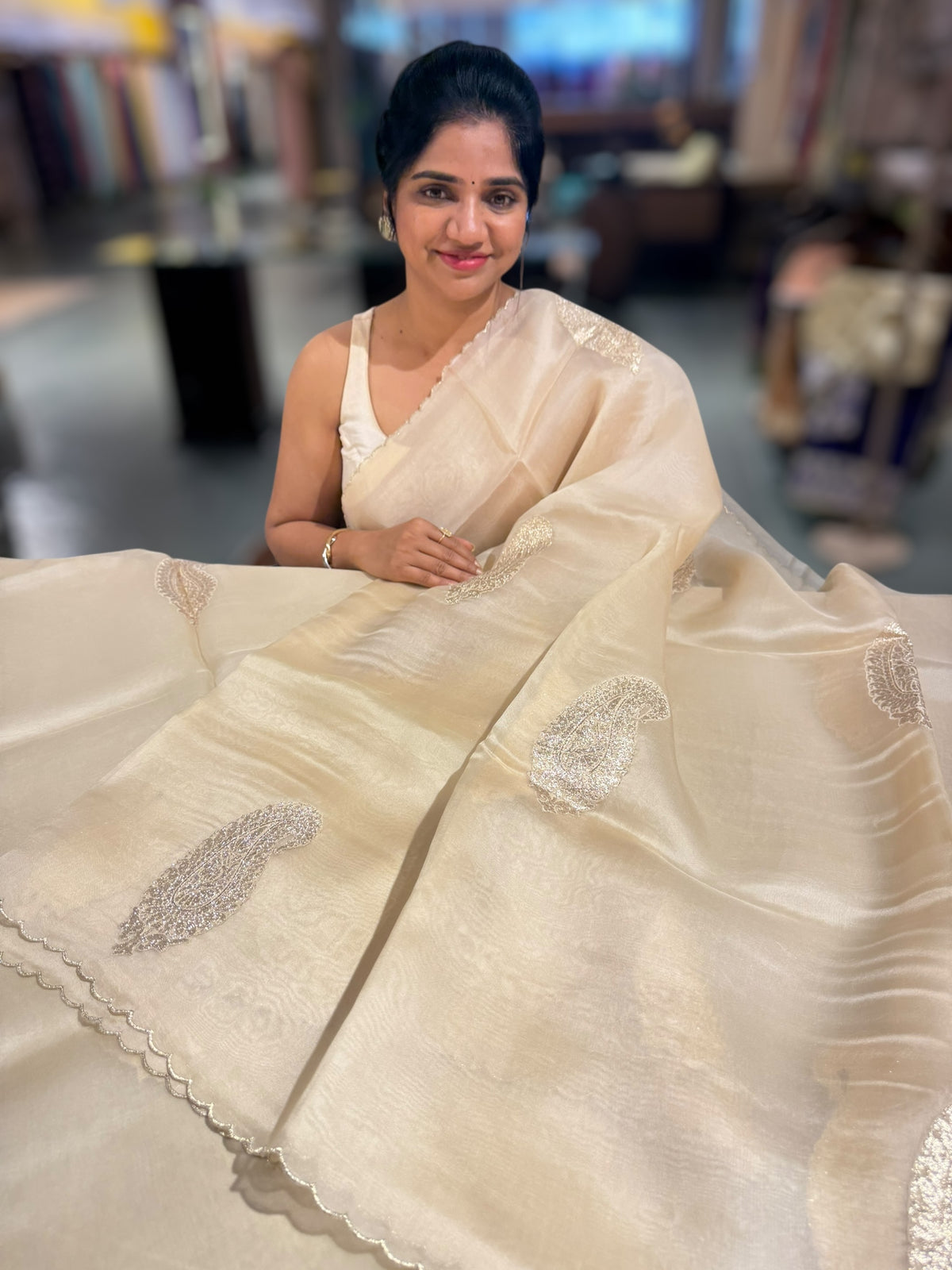 Beige Organza with applique motifs