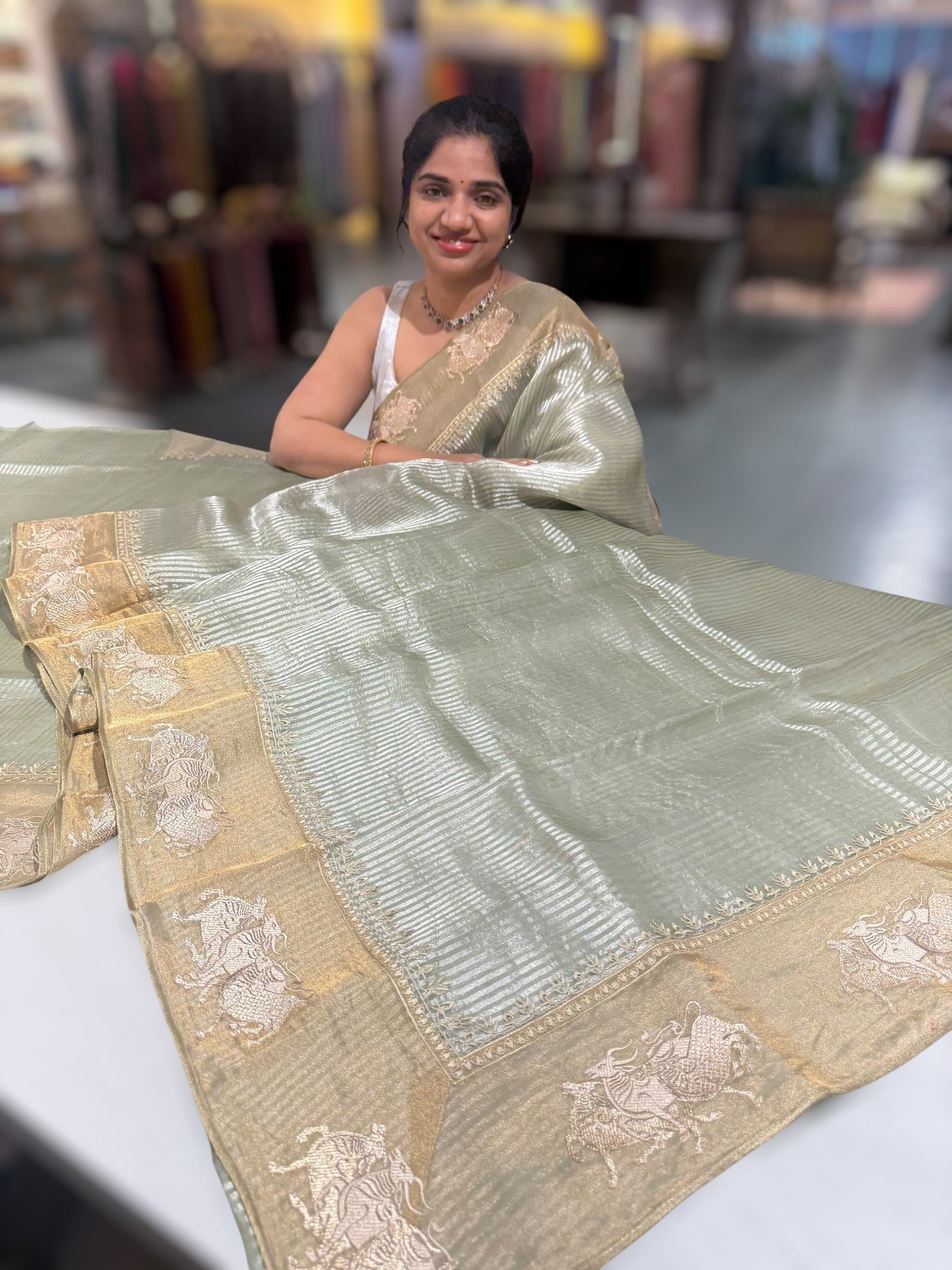 Mint Kora tissue stripes Saree with Nandi embroidered tissue border