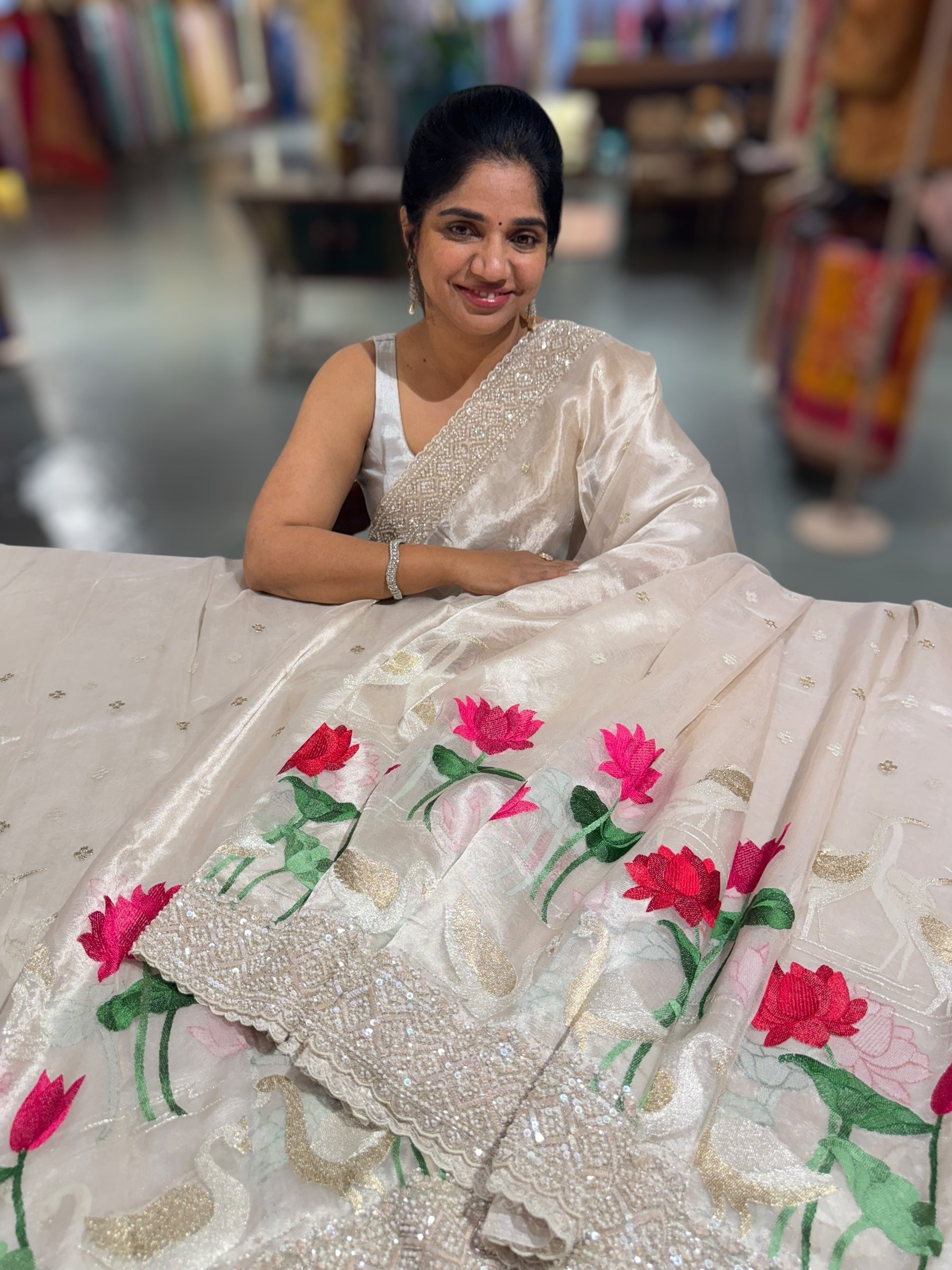 Silver Tissue Designer Saree with heavy handwork and embroidery