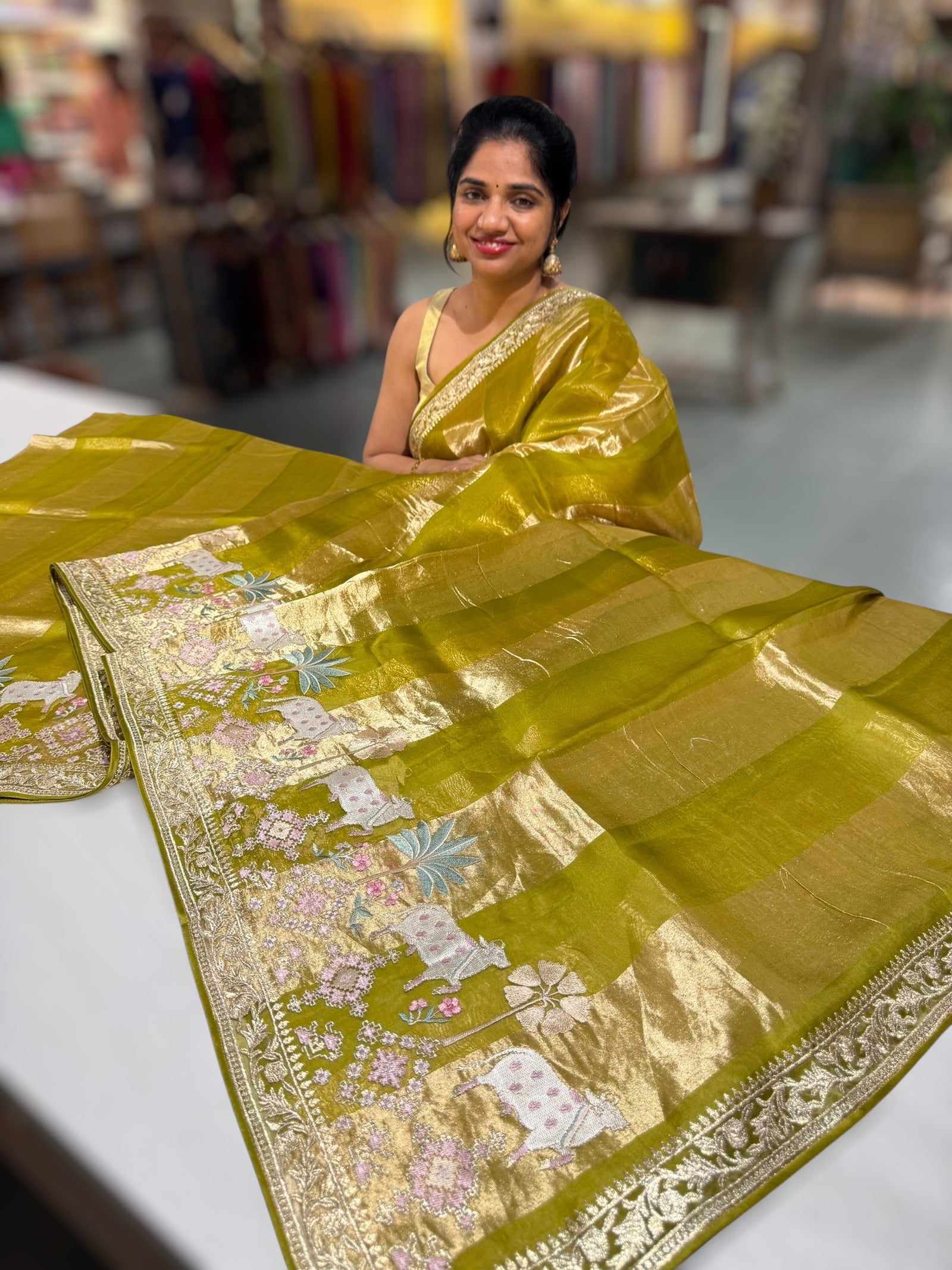 Moong Dal Green Kora Tissue Stripes Saree With Jamdani  & Pichwai embroidered Border