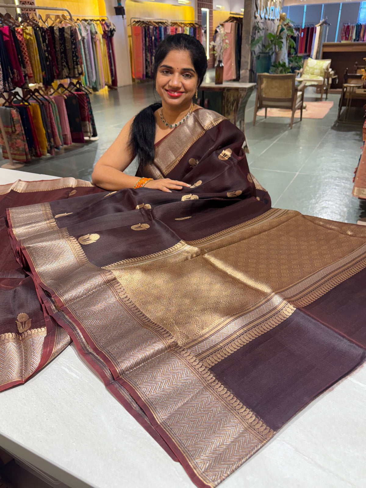 Dark Choclate Premium Kora Banarasi Saree with heavy weaving borders and Raw mango style motifs