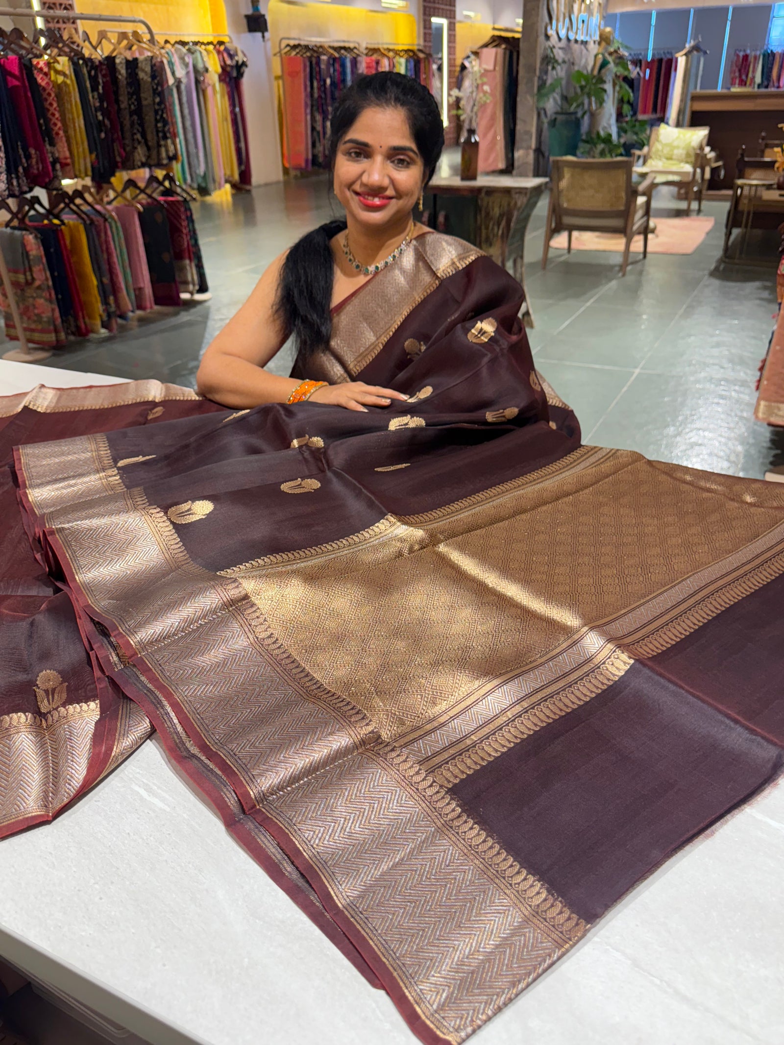 Dark Choclate Premium Kora Banarasi Saree with heavy weaving borders and Raw mango style motifs