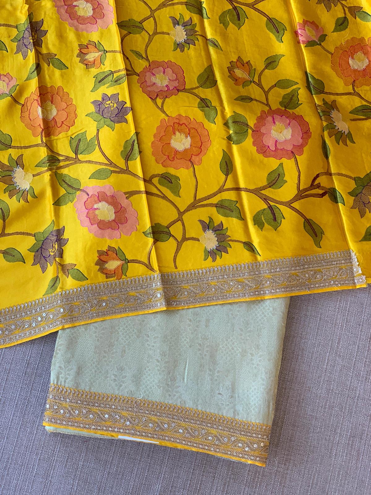 Mint & Yellow Combo Banarasi Tissue Brocade saree