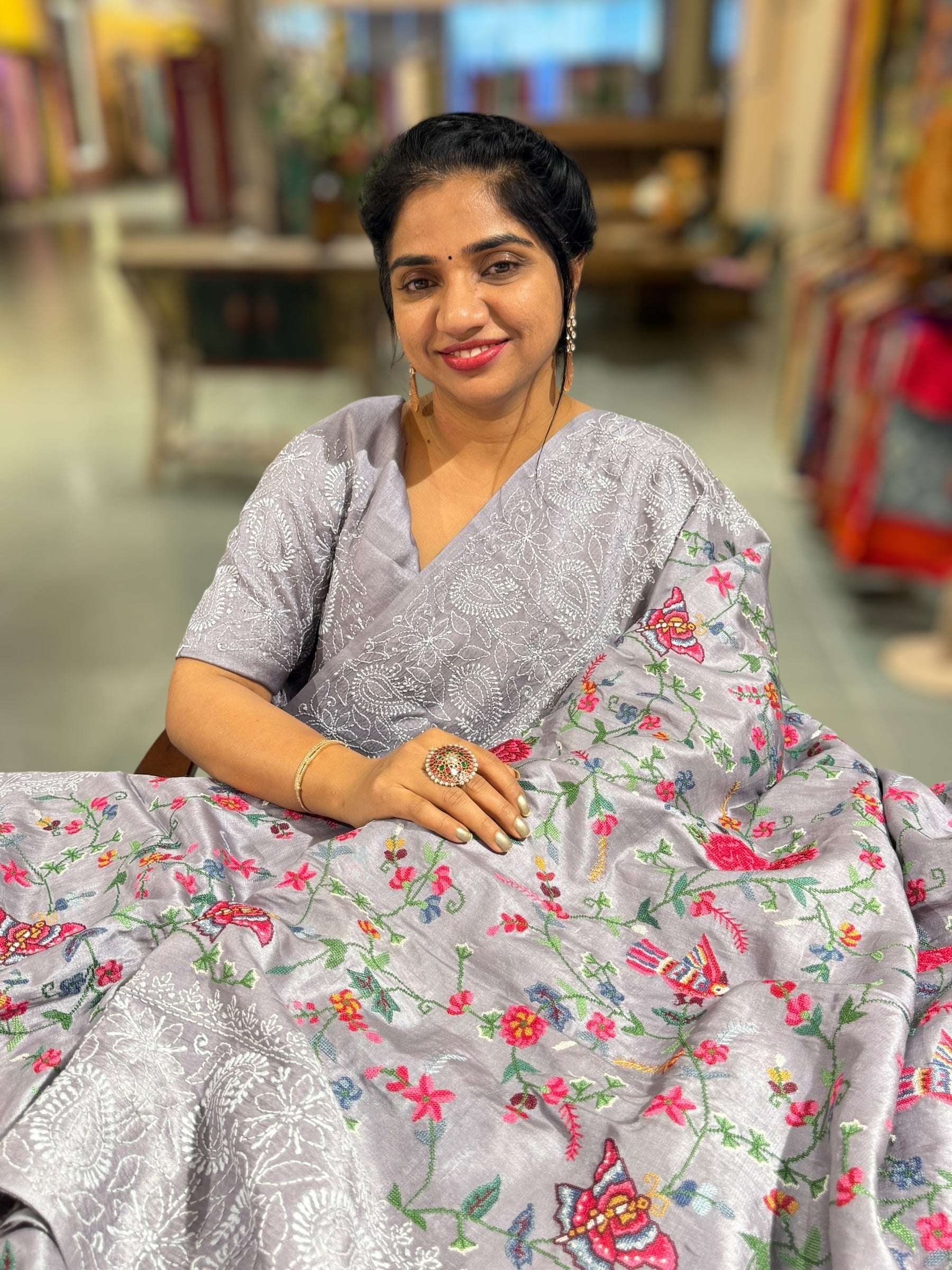 Lilac undertone tussar Saree with lucknowi border and pallu with allover petite point embroidery.