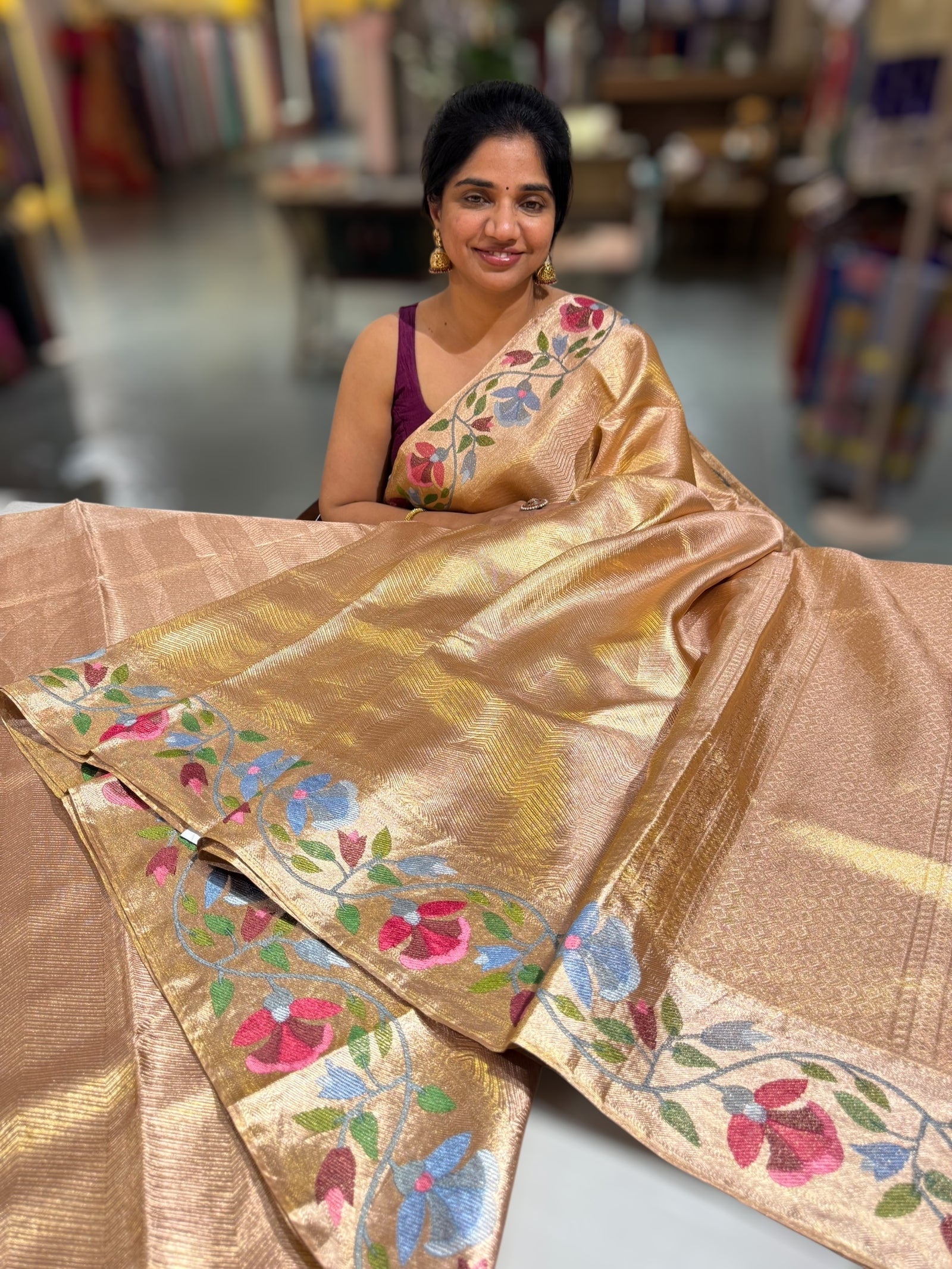 Rose Gold Kanchi Tissue Brocade Saree With jamdani inspired embroidery.