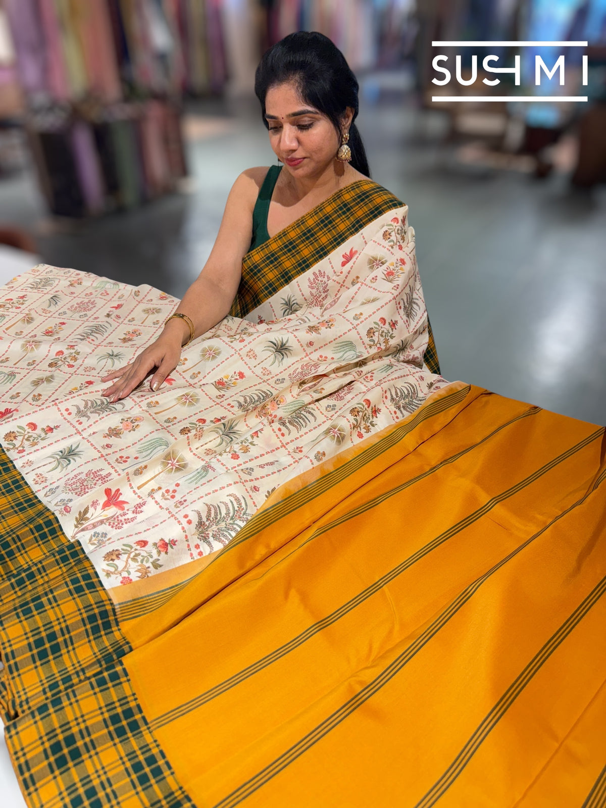 Ivory printed soft silk saree with burberry checks border : D62F034