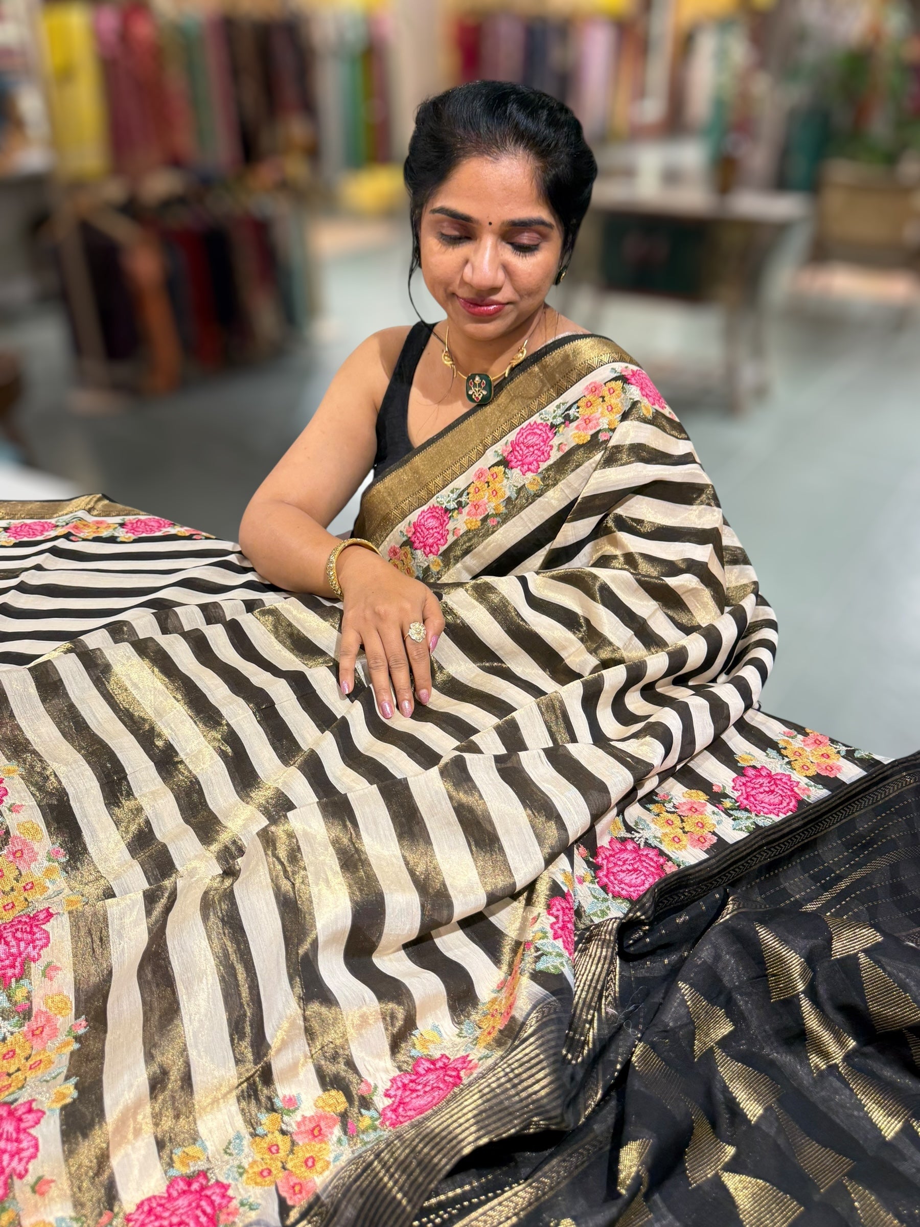 Chanderi Tissue Saree with petite point emb