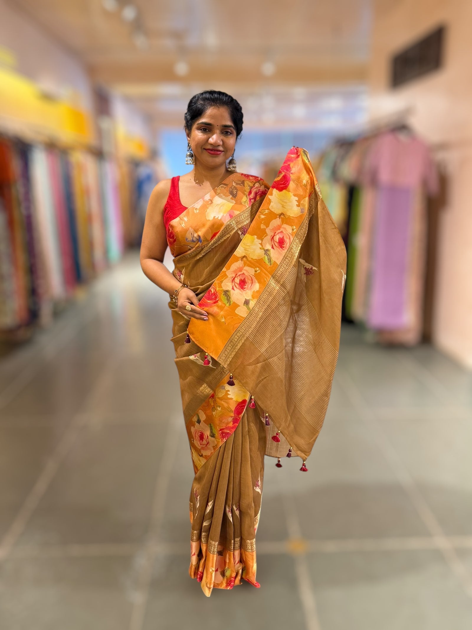 Light Brown Tussar Dhupion Saree with Floral printed mashru borders