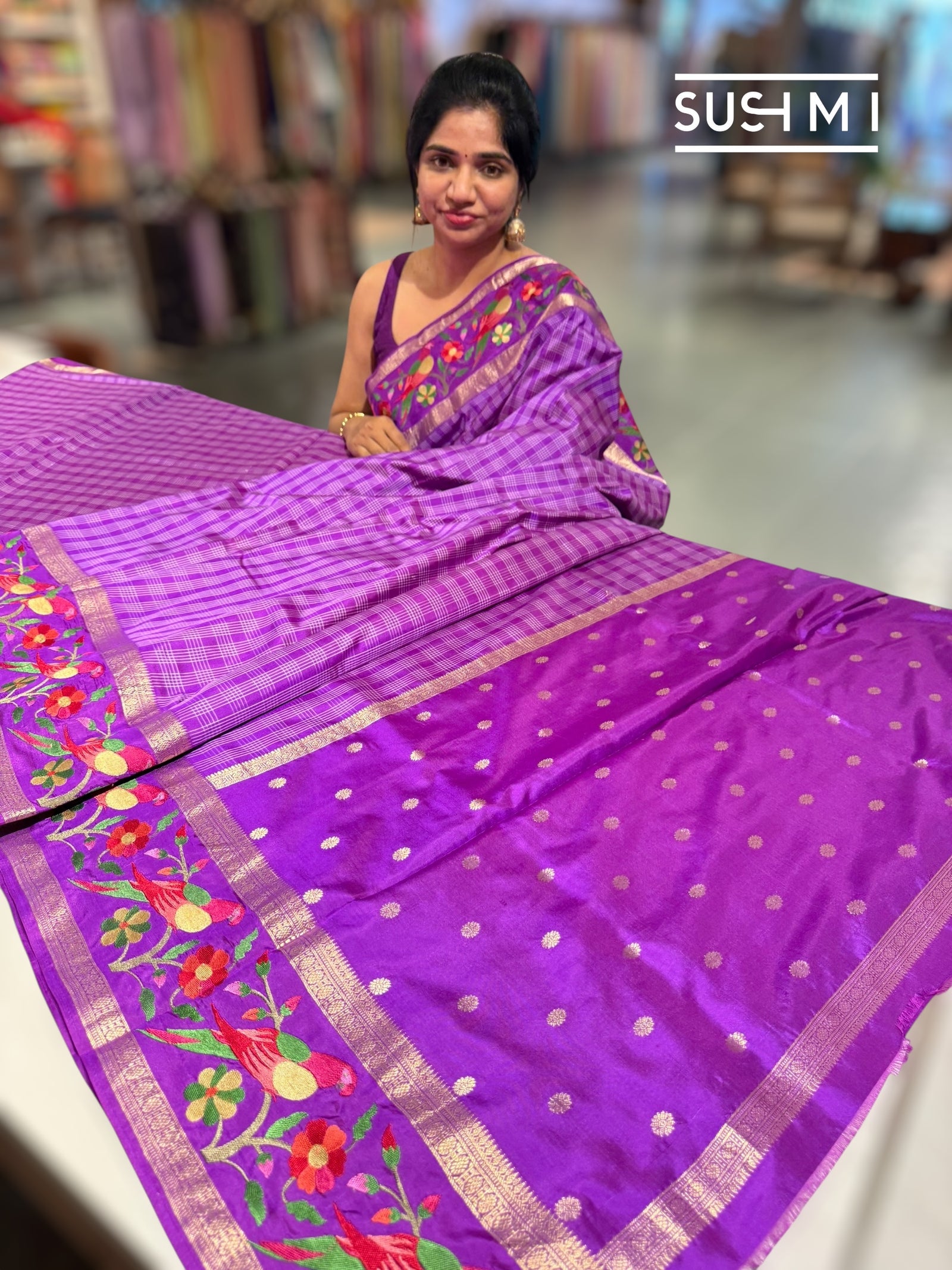 Majenta Vintage checks Kanjeevaram soft silk saree with embroidery D62F041