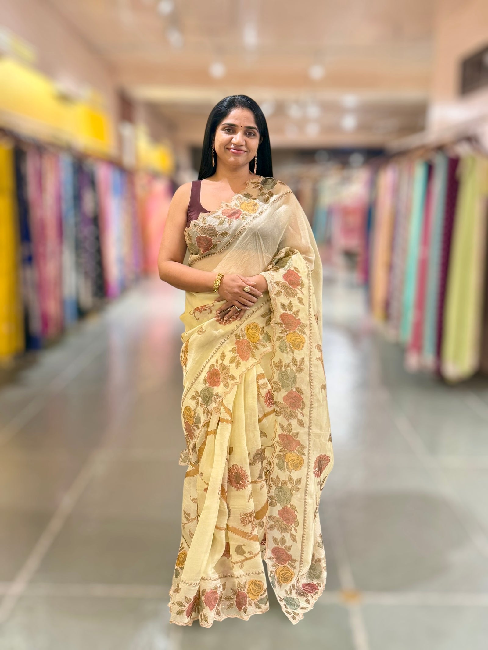 Pastel Yellow Pure Organza Applique Work Saree
