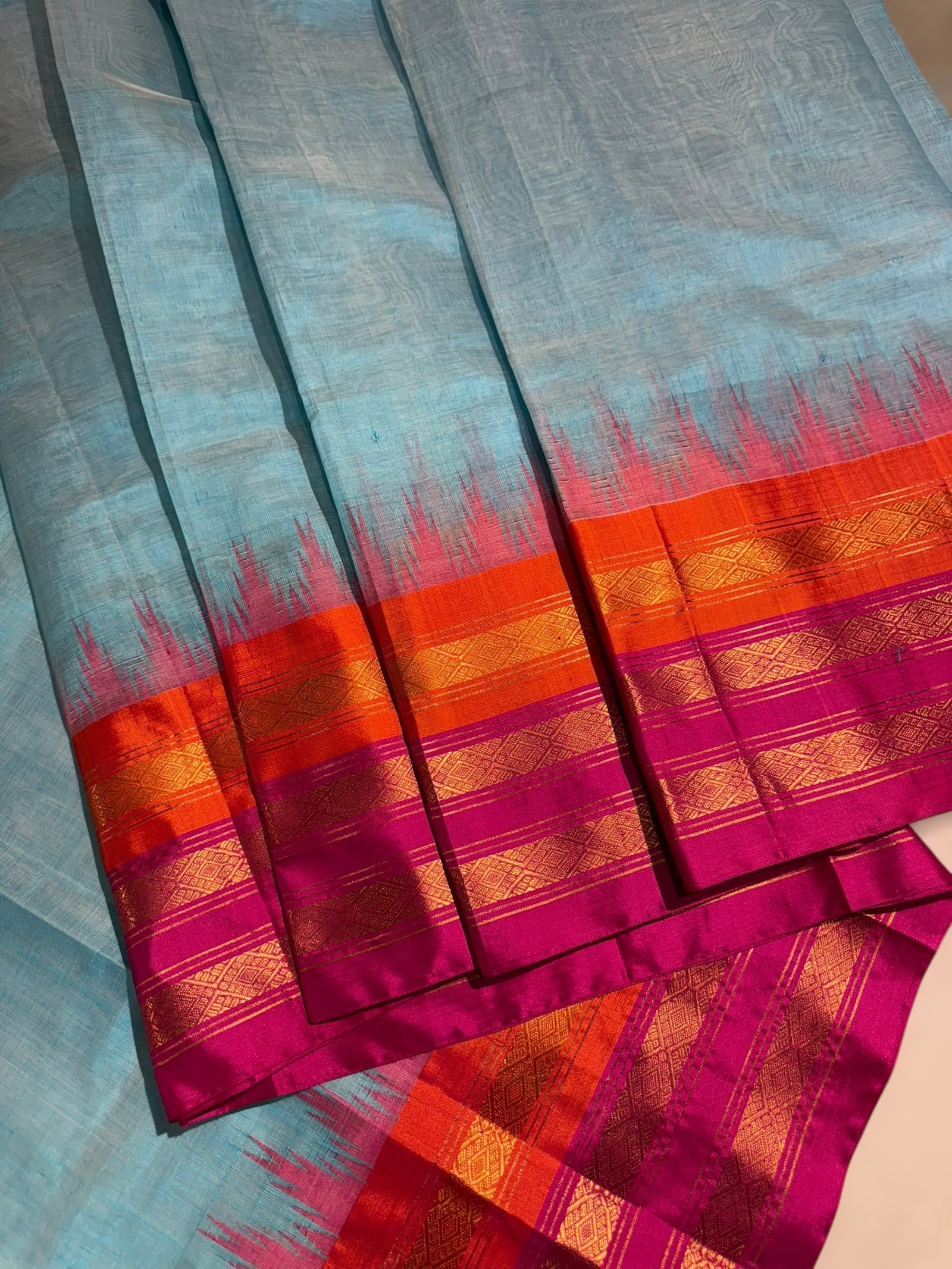 Pastel Blue Ponduru Khadi Tissue  Saree in 80’s Count with Kanchi Style borders