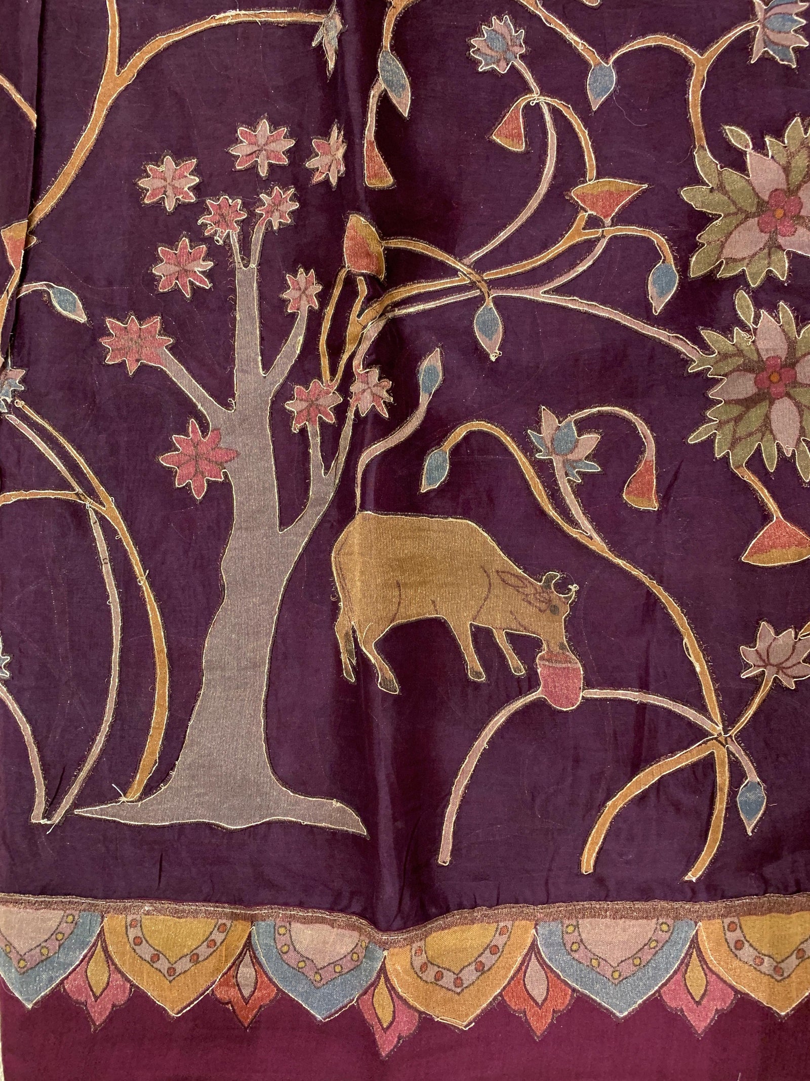 Wine Designer Organza Saree with Stunning Tissue Applique work Saree with Village theme