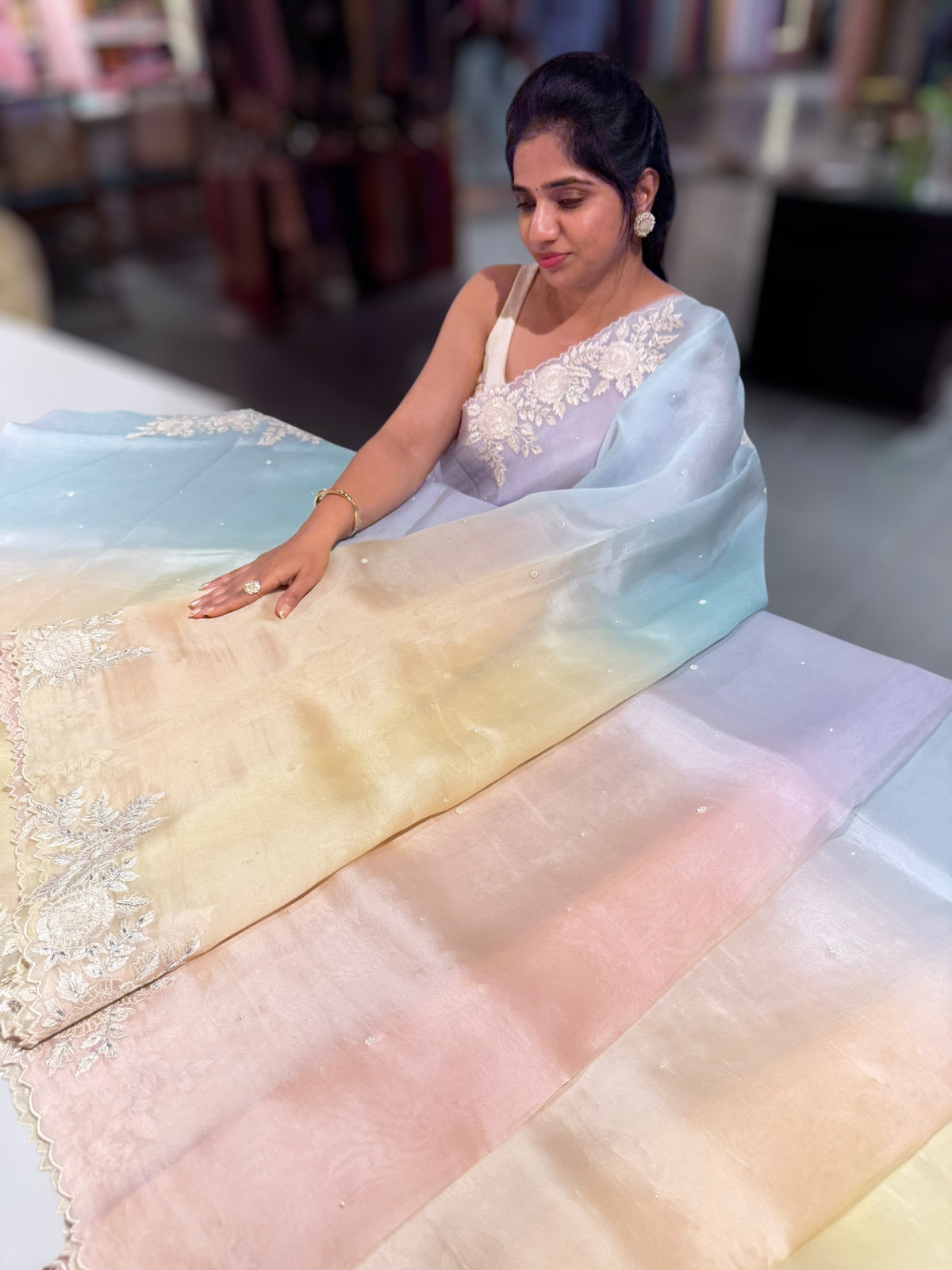 Ombre dyed Pure Organza Saree with parsi gara embroidery