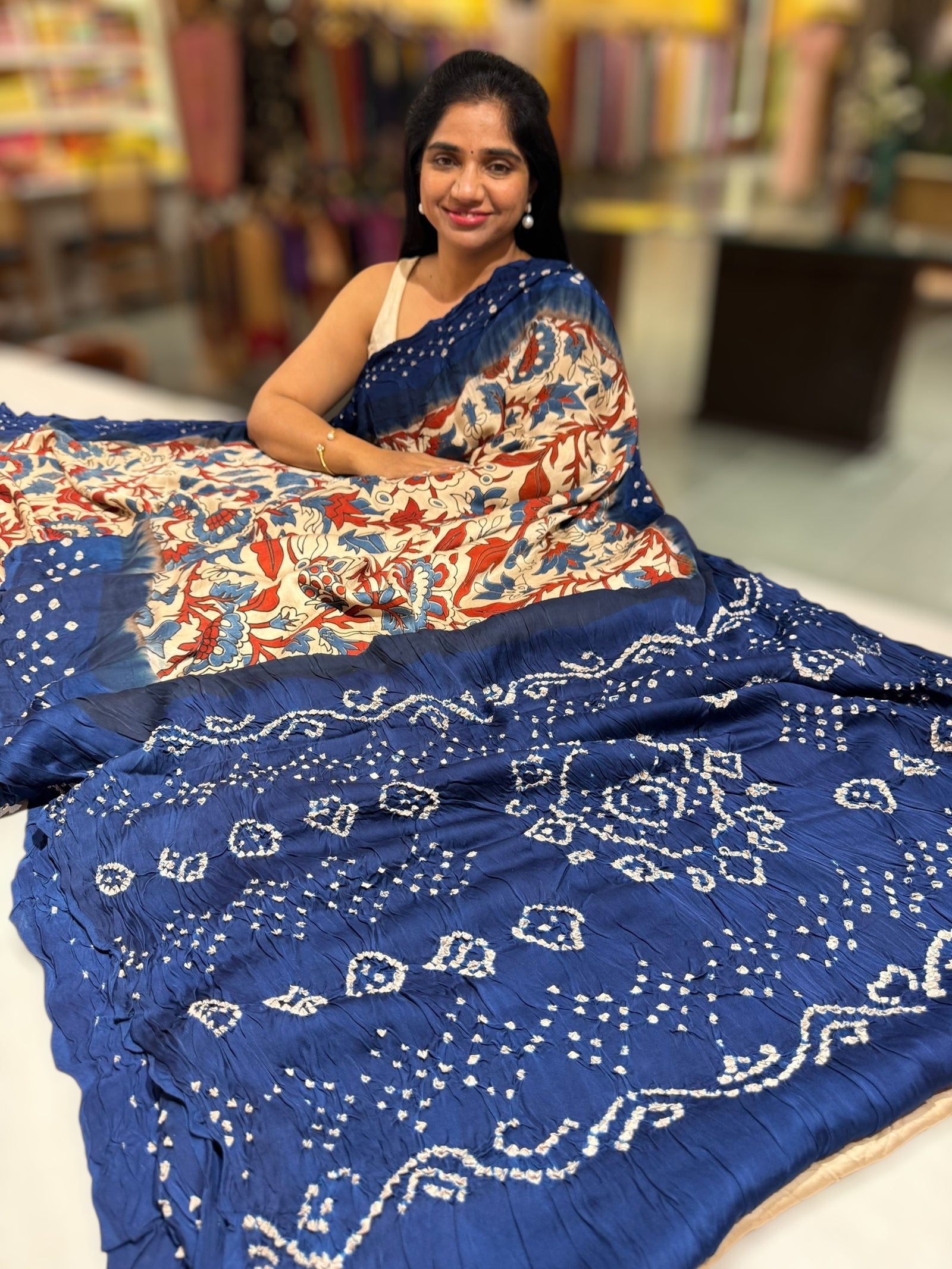 Bandhini kalamkari modal satin saree