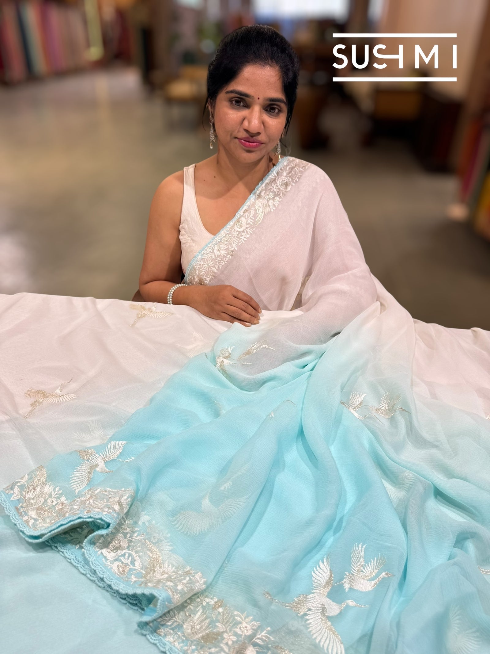 Pastel Blue ombre dyed pure chiffon saree with parsigara embroidery : S62F070