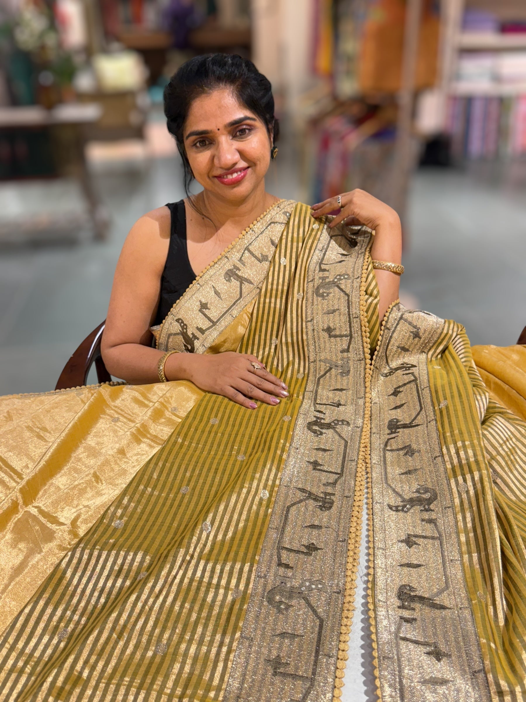 Golden Yellow kanchi Tissue saree with paithani inspired embroidery