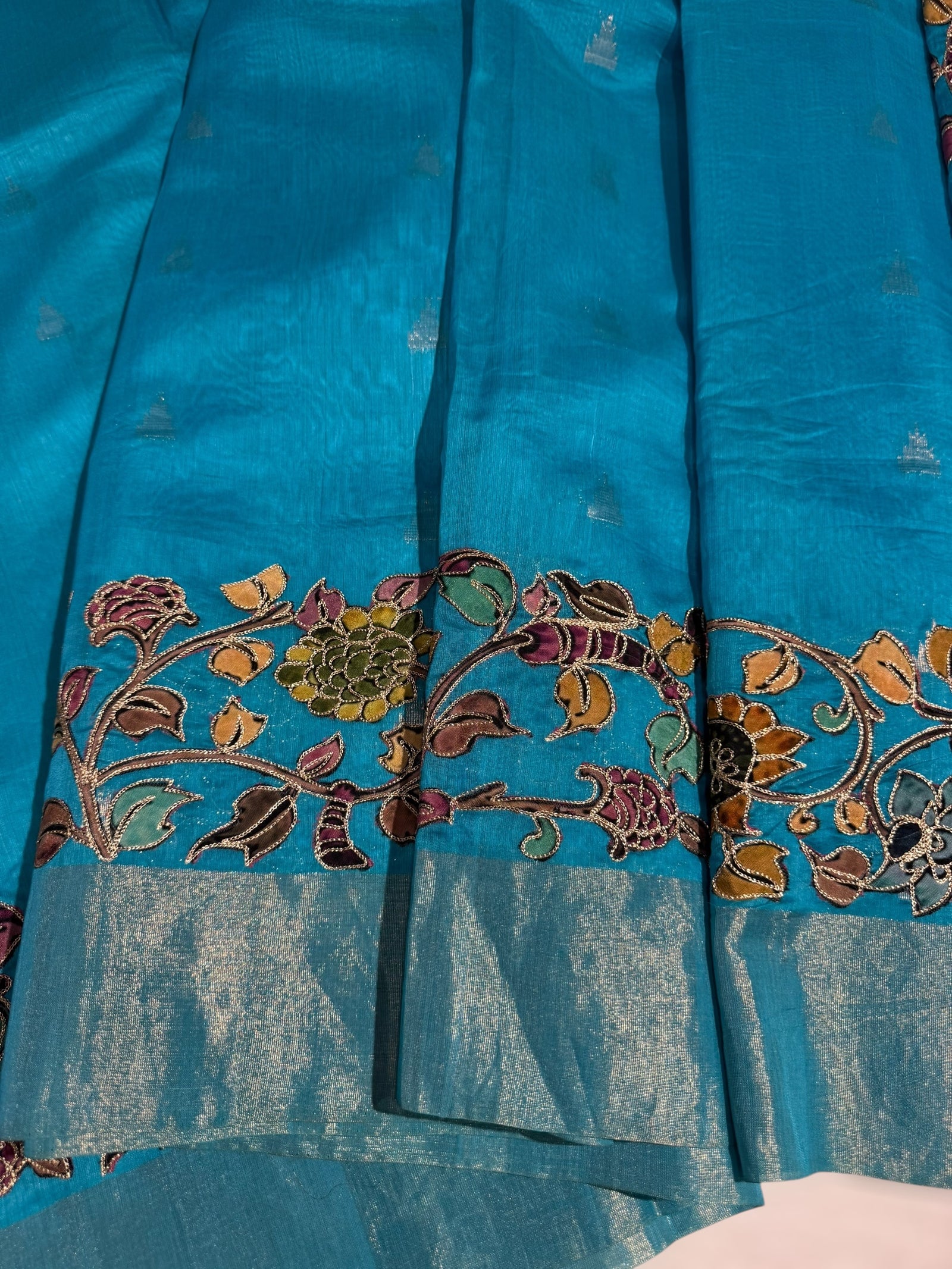 Copper sulphate chanderi silk saree with kalamkari applique border