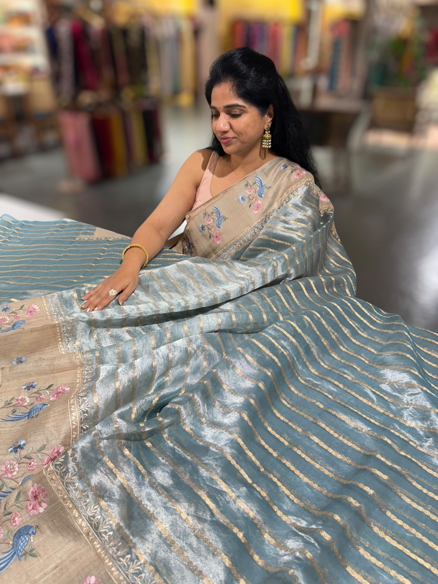 Dusty Blue Pure Handloom Tissue Saree with pure Tussar embroidered border