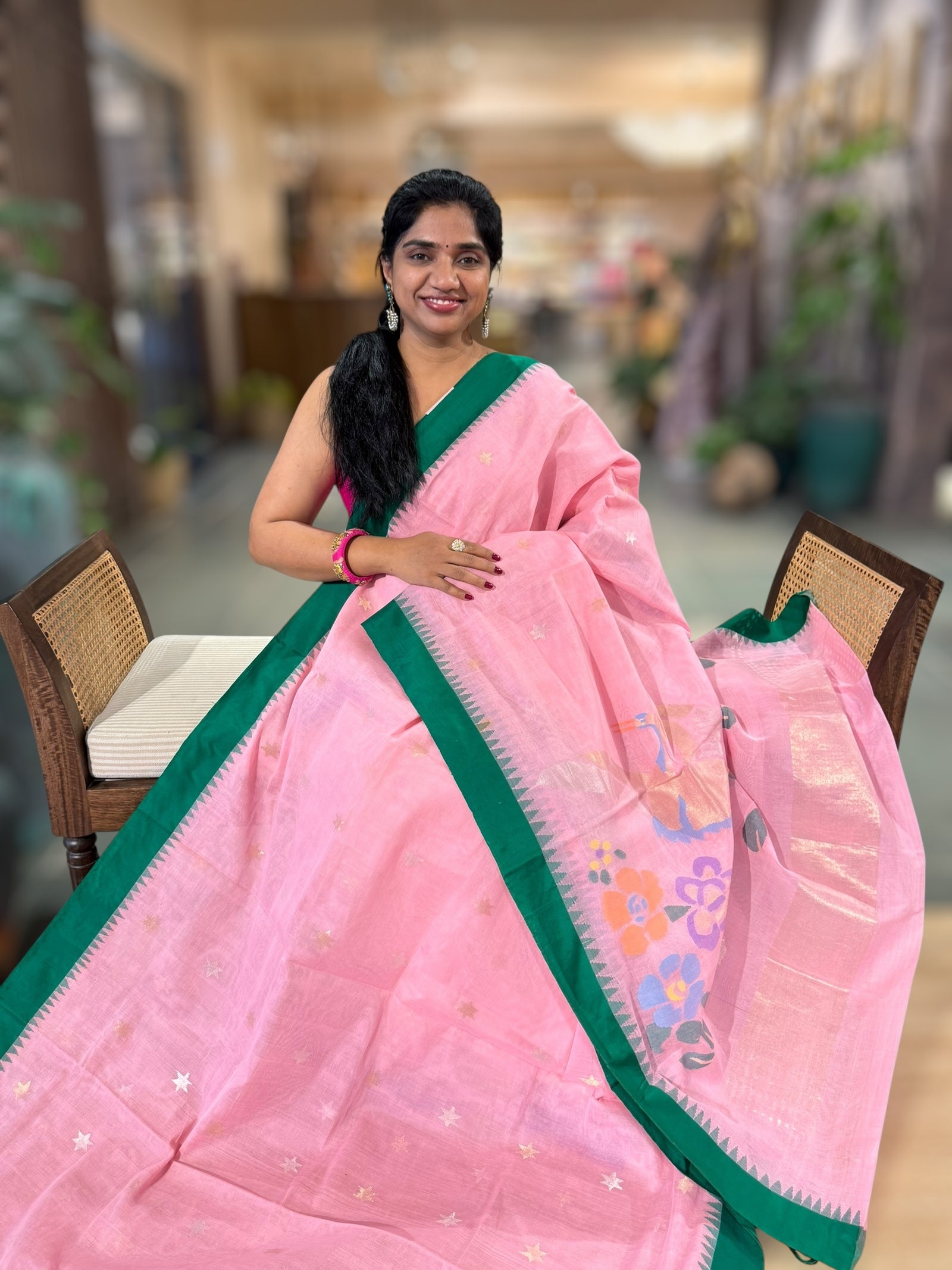 Baby Pink Ponduru Khadi Saree with Silk Temple Border & Jamdani Duck Pallu