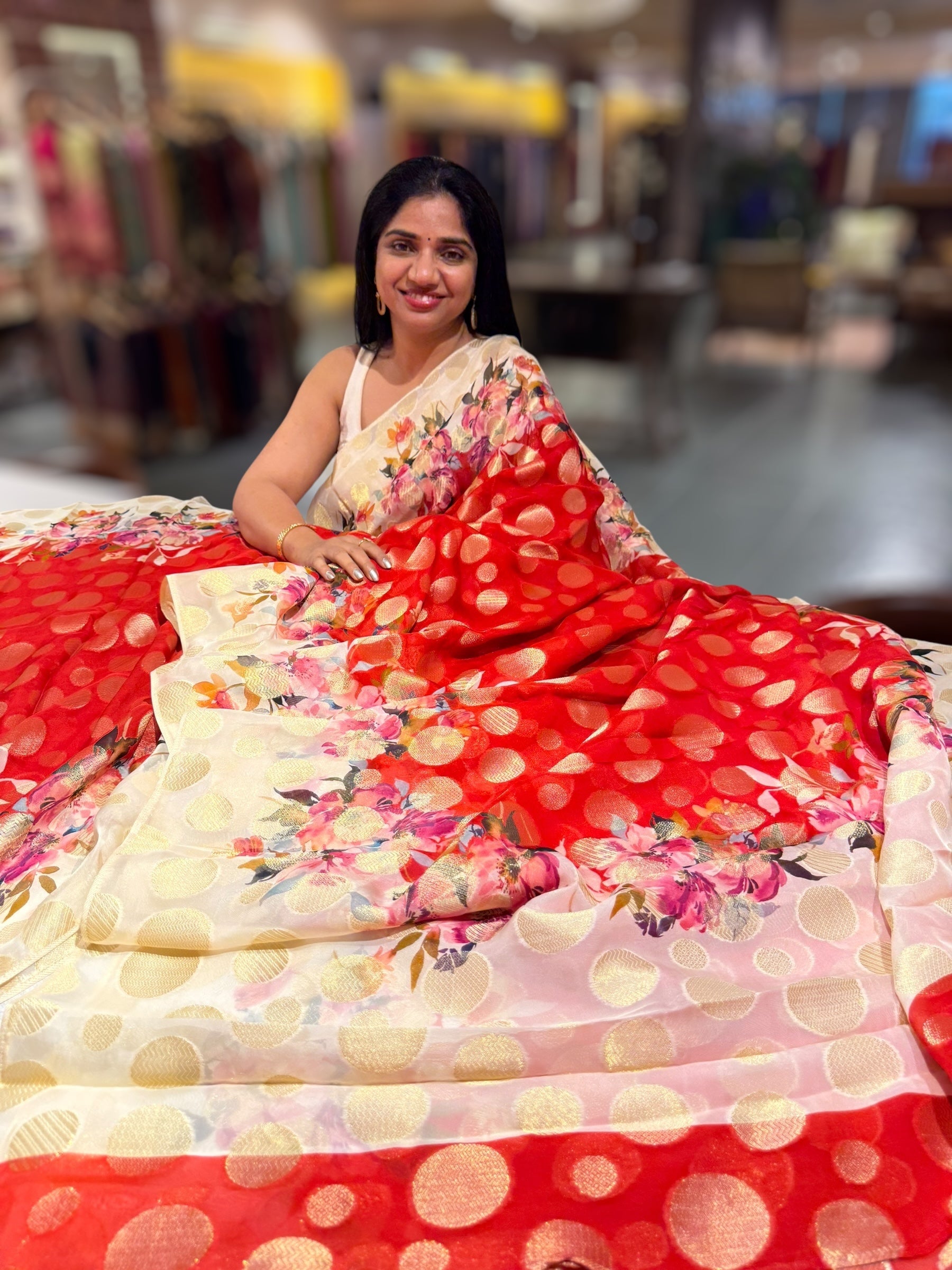 Orangish Red Banarasi Kora Gorgette Polka dot Printed Saree