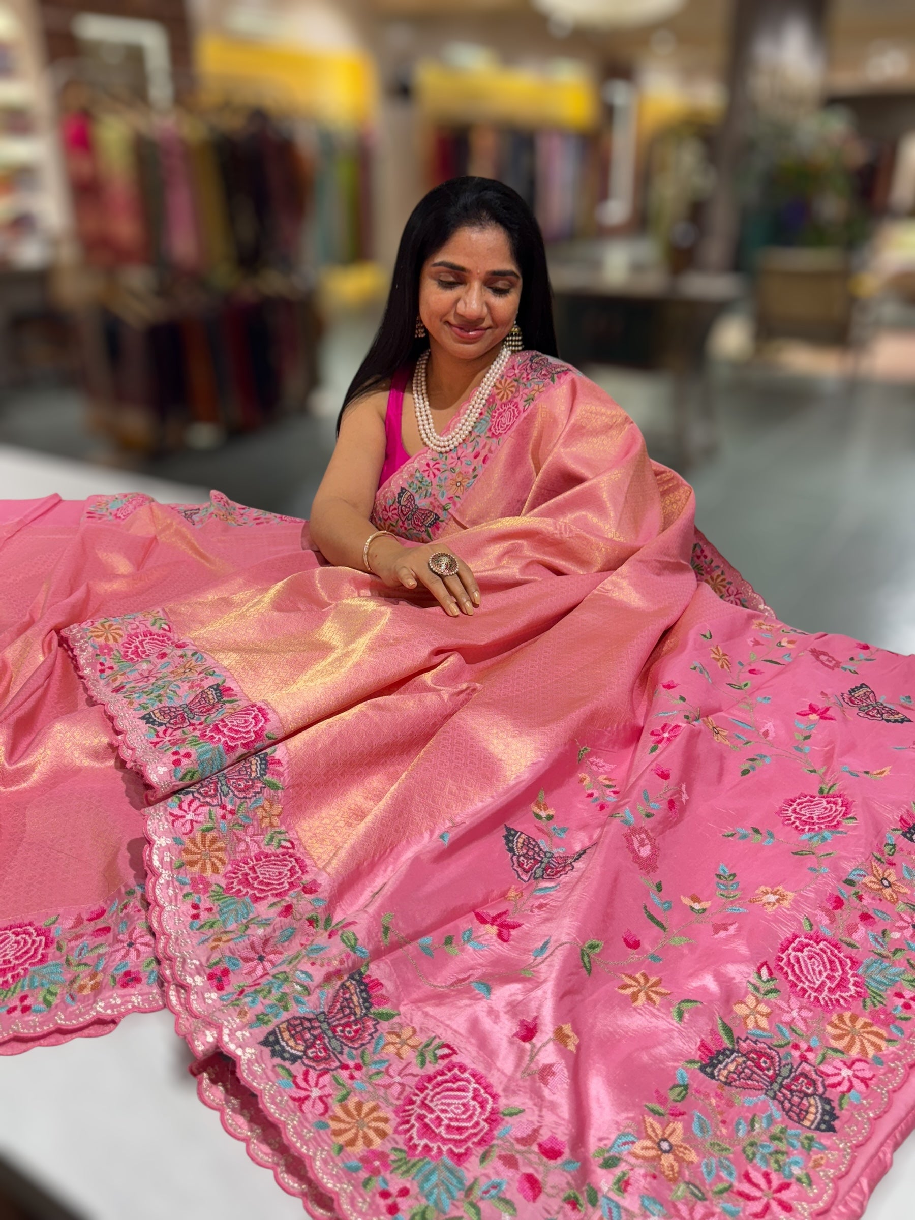 Coral Pink Kanjeevaram Brocade Saree with Petite Point Embroidered Border