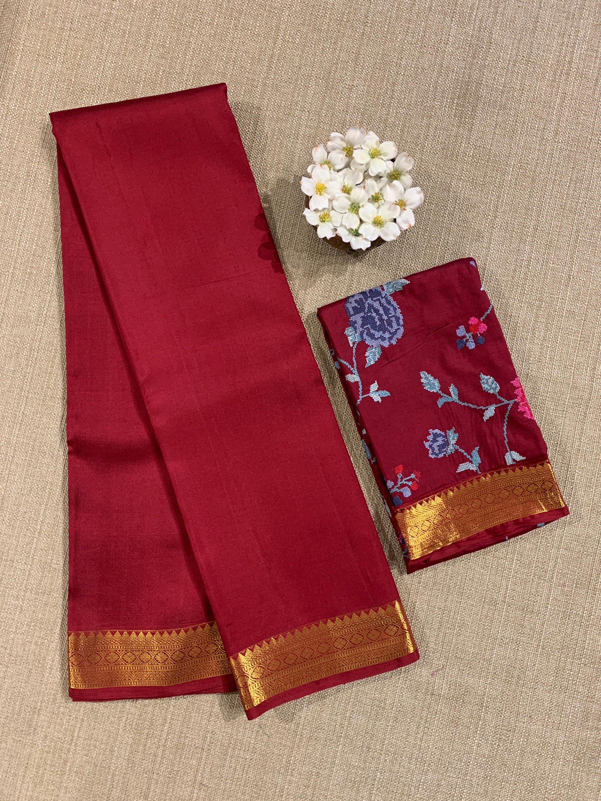 Meroon Kanchi Vintage Saree with Petite Point Embroidered Blouse