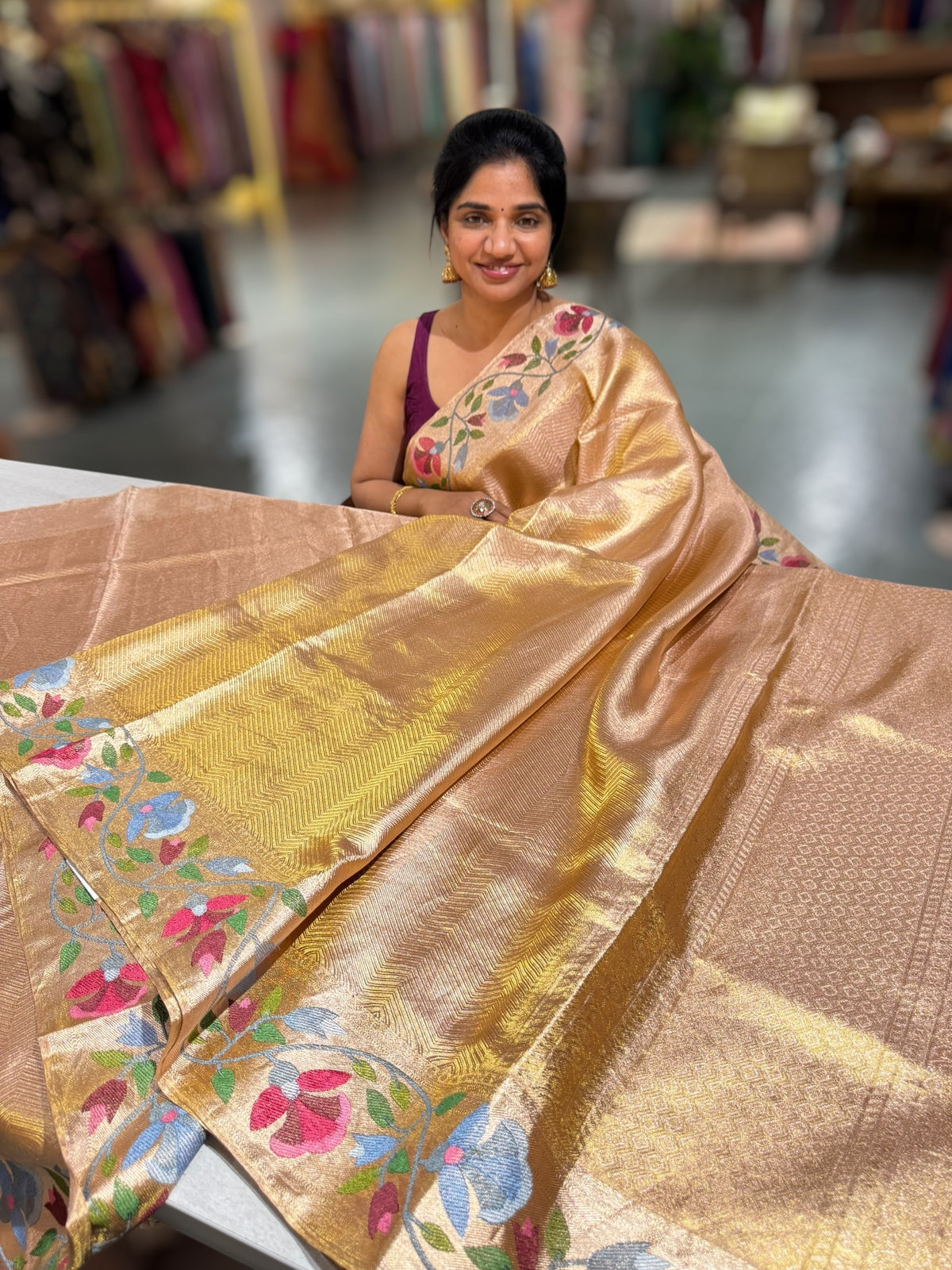 Rose Gold Kanchi Tissue Brocade Saree With jamdani inspired embroidery.