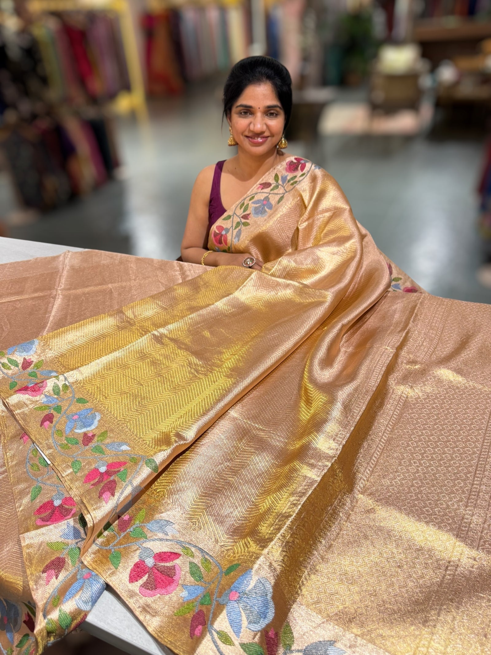 Rose Gold Kanchi Tissue Brocade Saree With jamdani inspired embroidery.