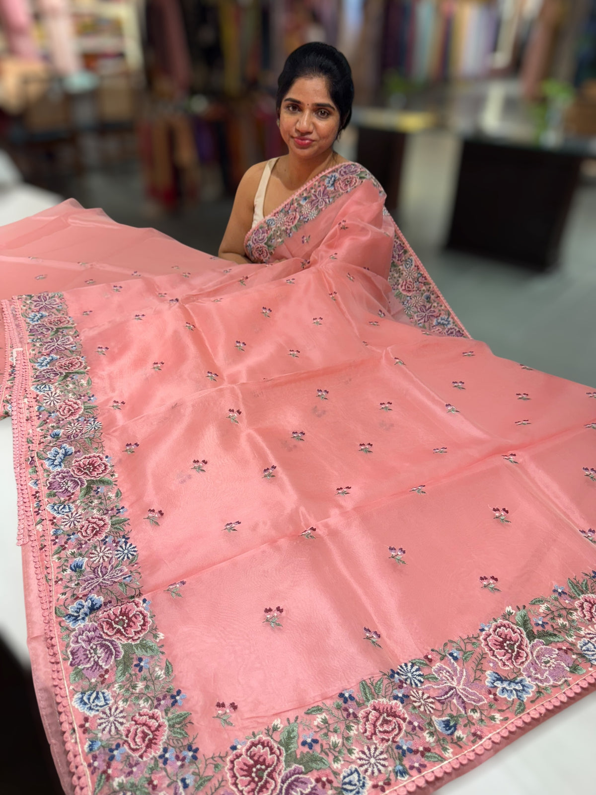 Coral Pink Pure Organza with Petite point border