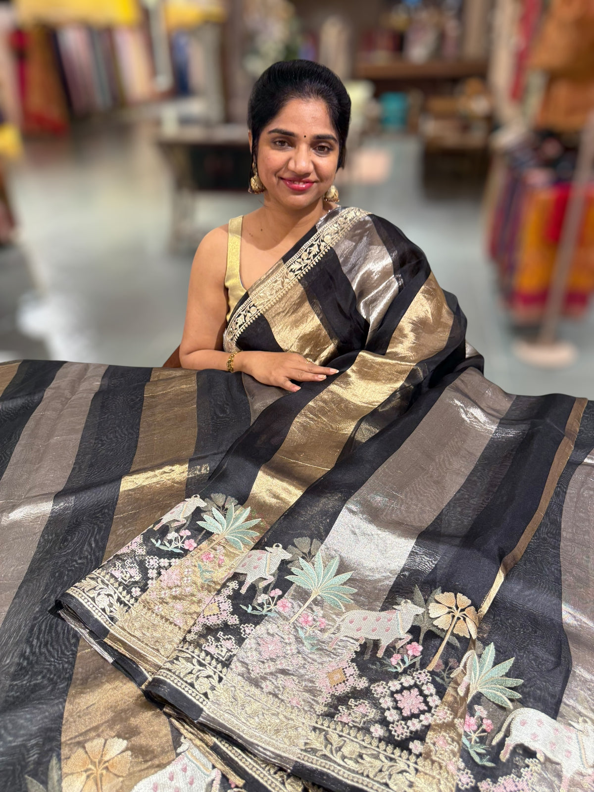 Black Kora Tissue Stripes Saree With Jamdani  & Pichwai embroidered Border