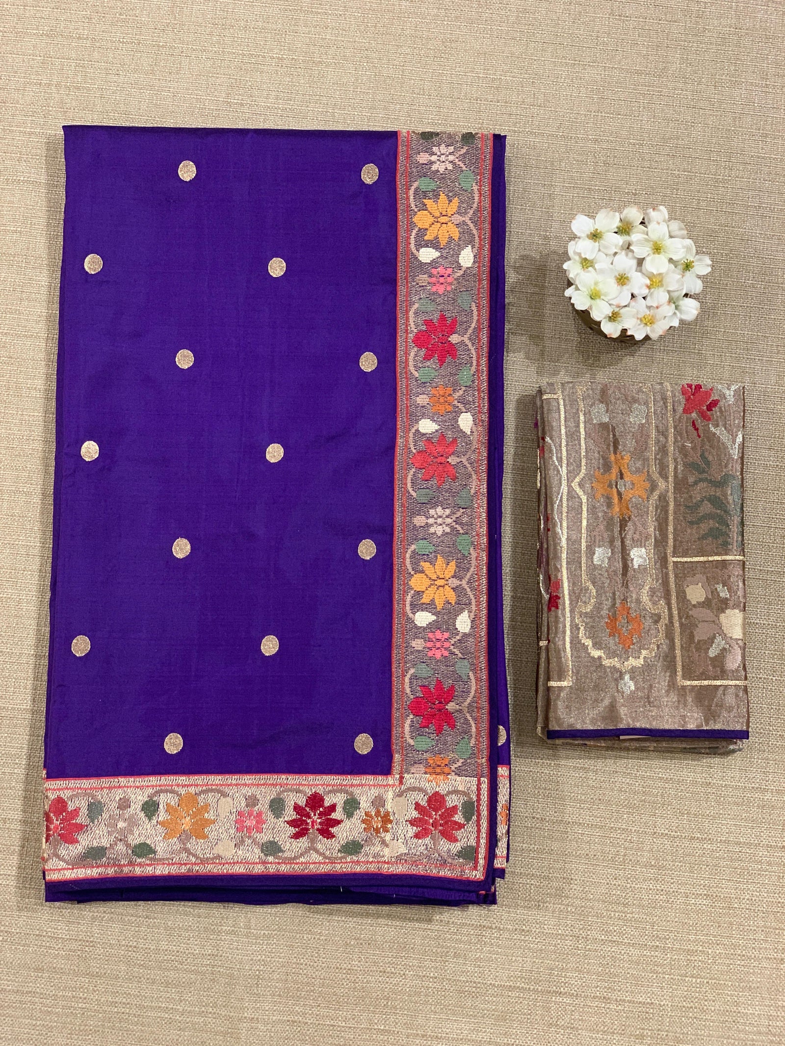 Violet Kanchi soft silk saree with pythani and jamdani inspired embroidery
