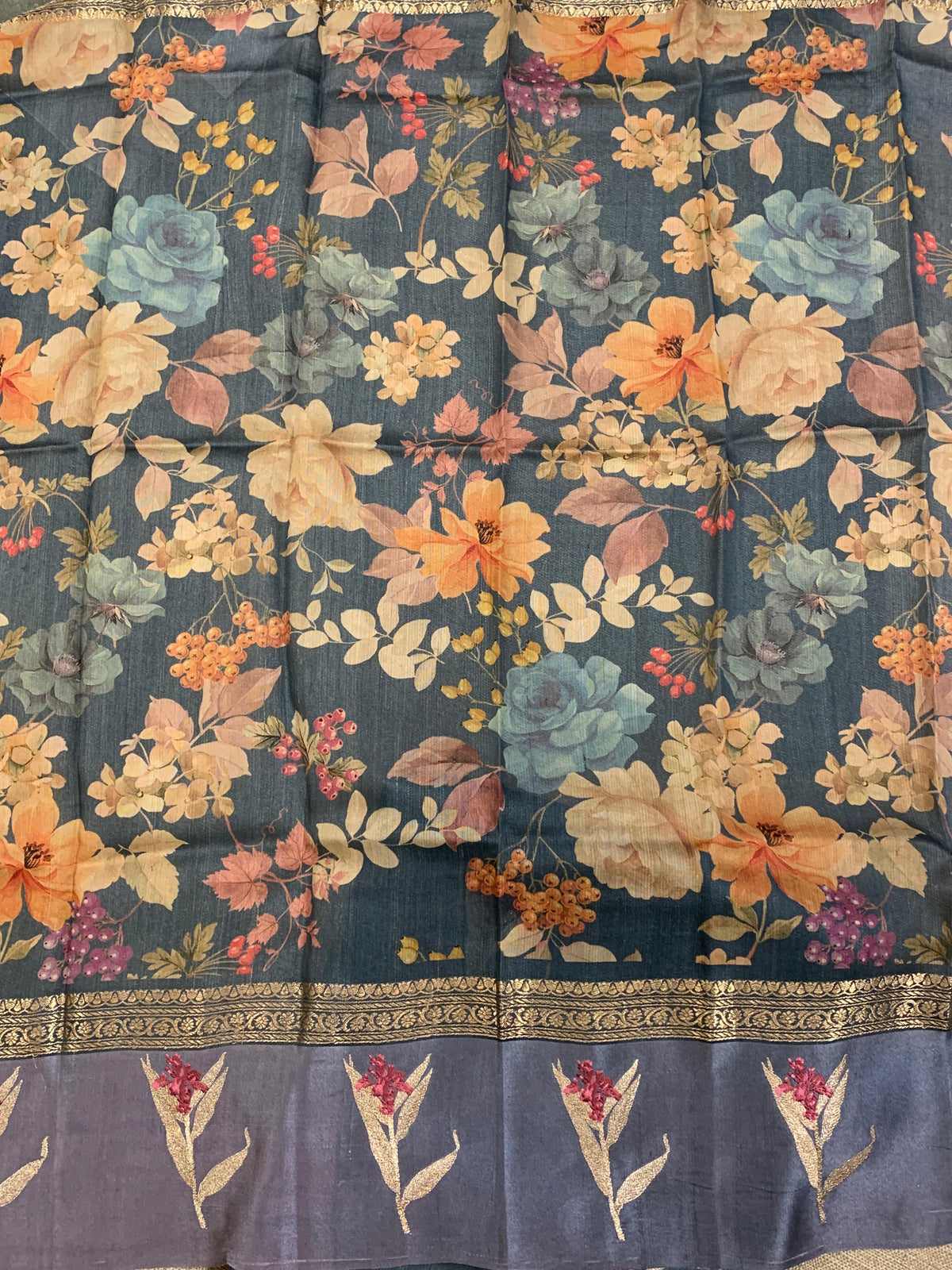 Elephant Grey Tussar Dhupion Saree with Floral printed mashru borders