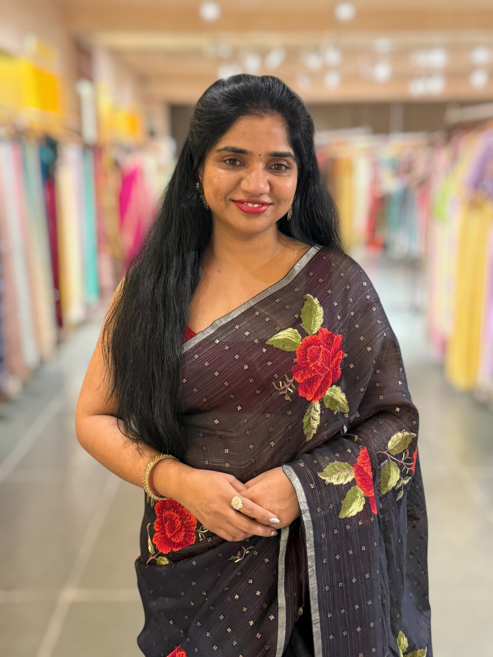 Darkest Midnight Blue Tussar Kota Saree with embedded sequnce and hibuscus flower embroidery