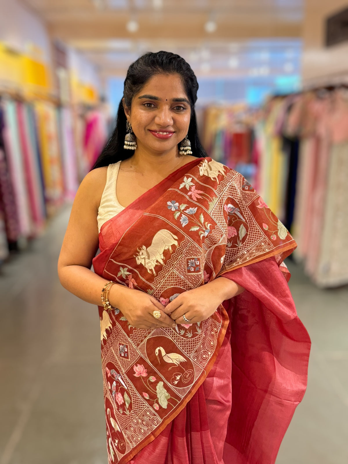 Rust Red/ Brick Red Kora-Tussar blend Handloom Saree with Tissue embroidered Skirt Border