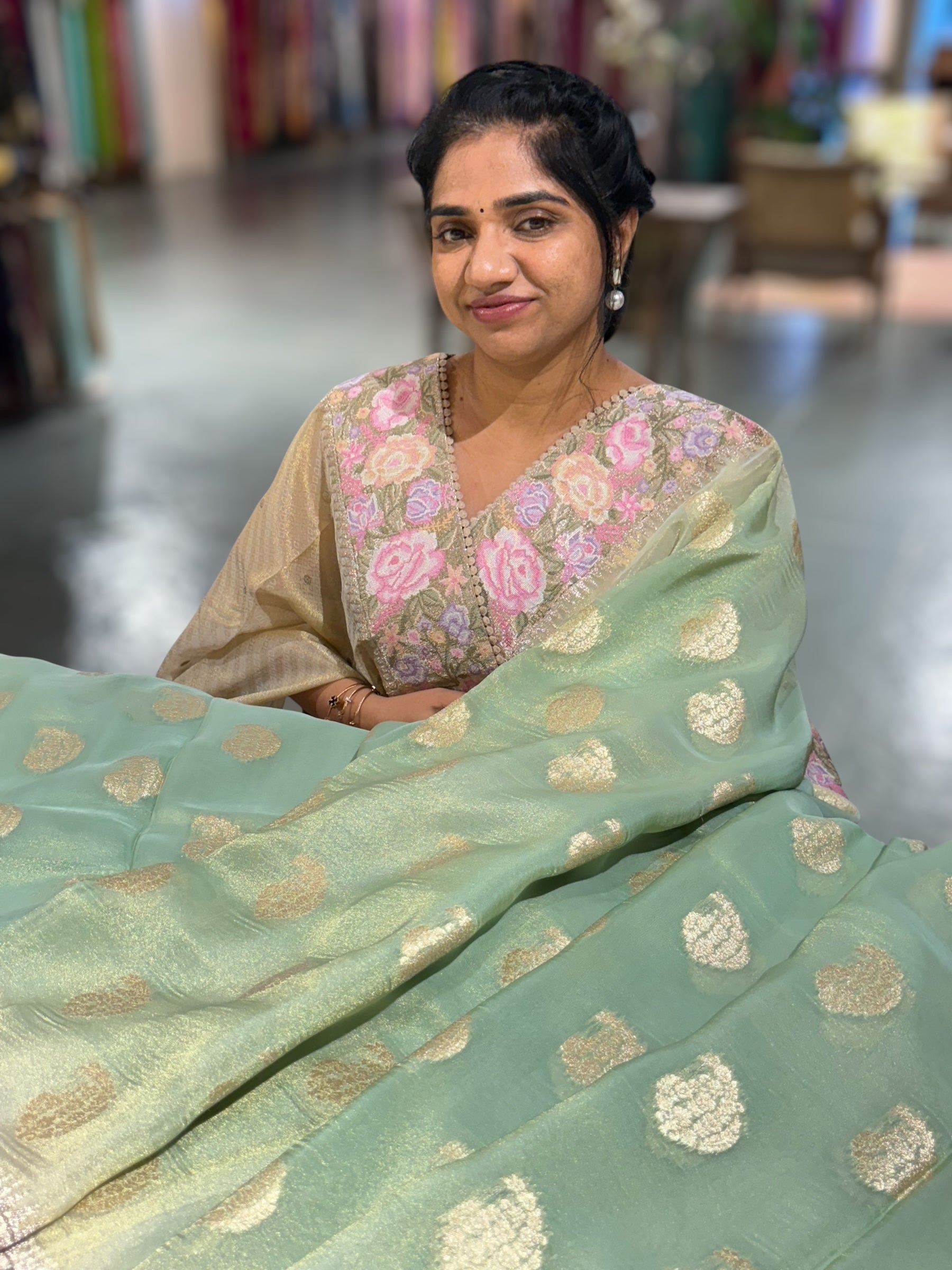 Mint Green Banarasi Tissue Gorgette Saree With Petite Point Embroidered Border