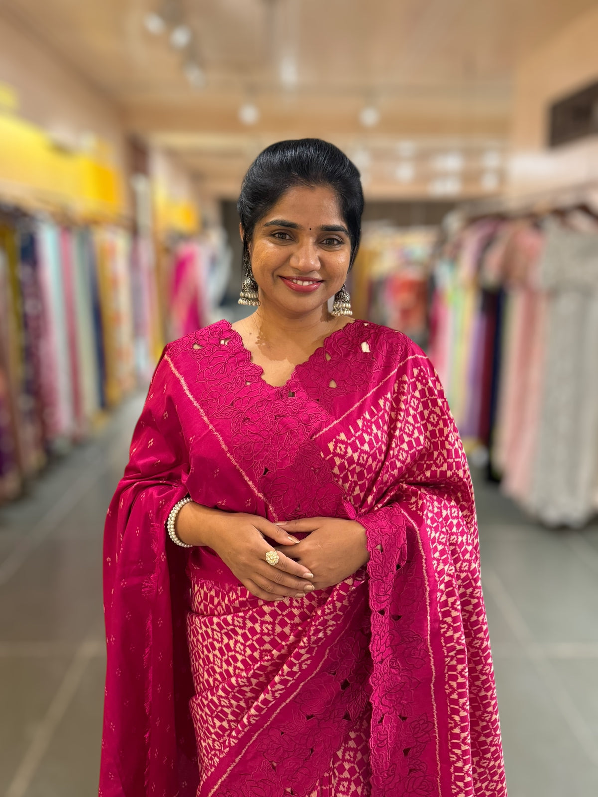 Beetroot Pink Cambodian–inspired Ikkat Silk Saree with cutwork Rose Border