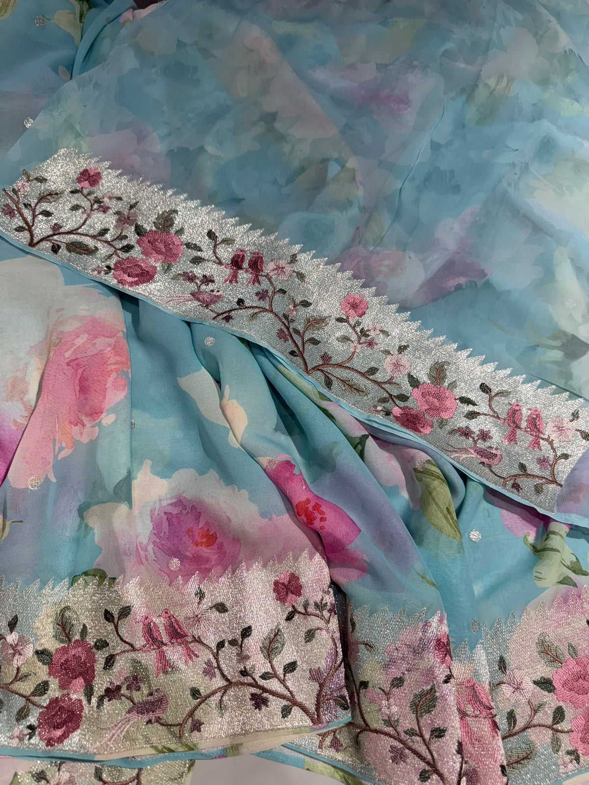 Pastel Blue  Printed georgette Saree With Tissue Embroidered Border