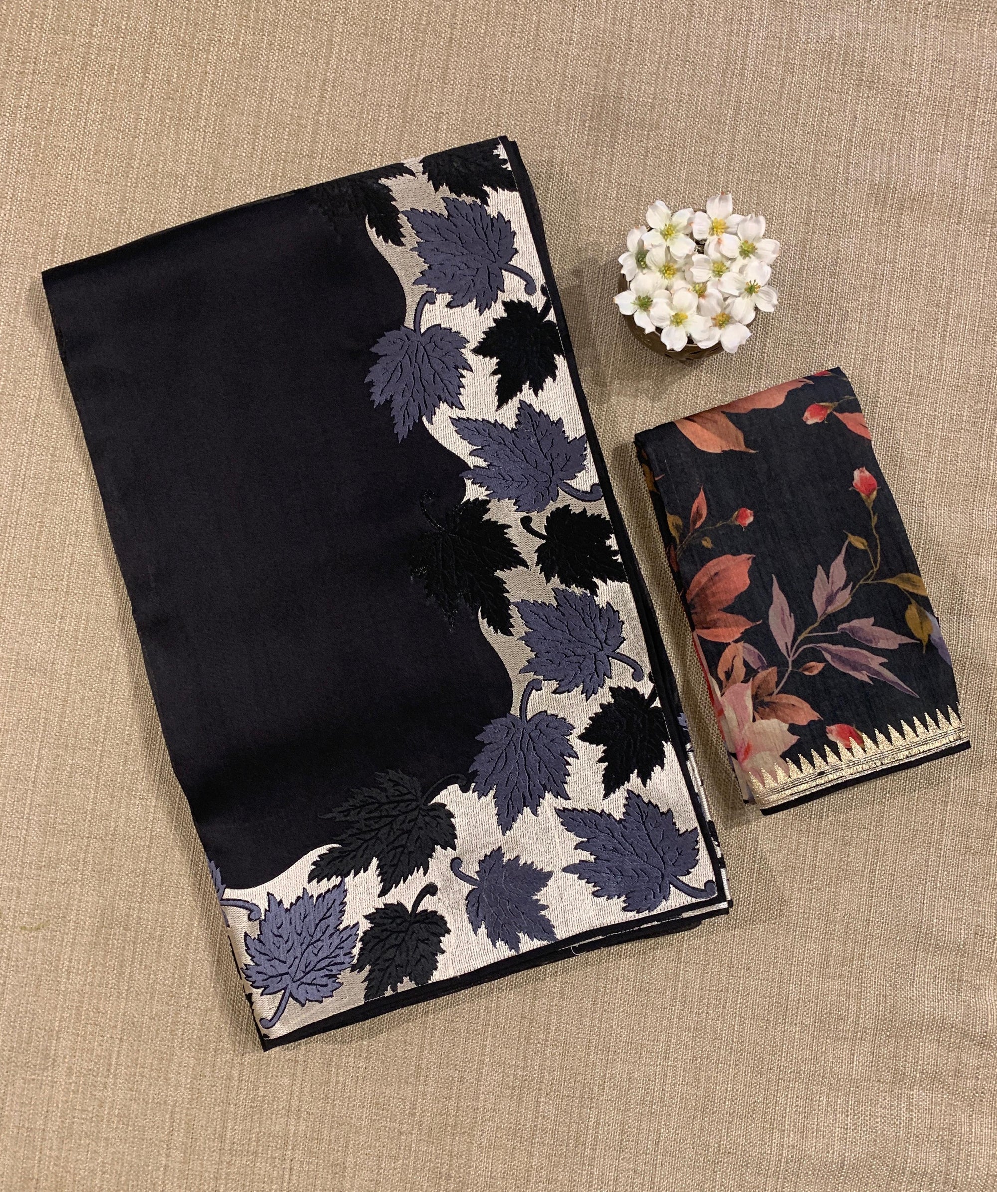 Black Organza Saree with Stunning Leaf Embroidered Border
