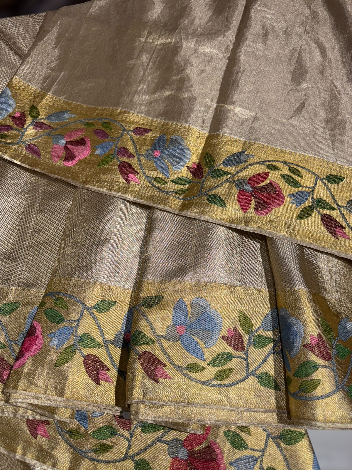 Water Gold Kanchi Tissue Brocade Saree With jamdani inspired embroidery.