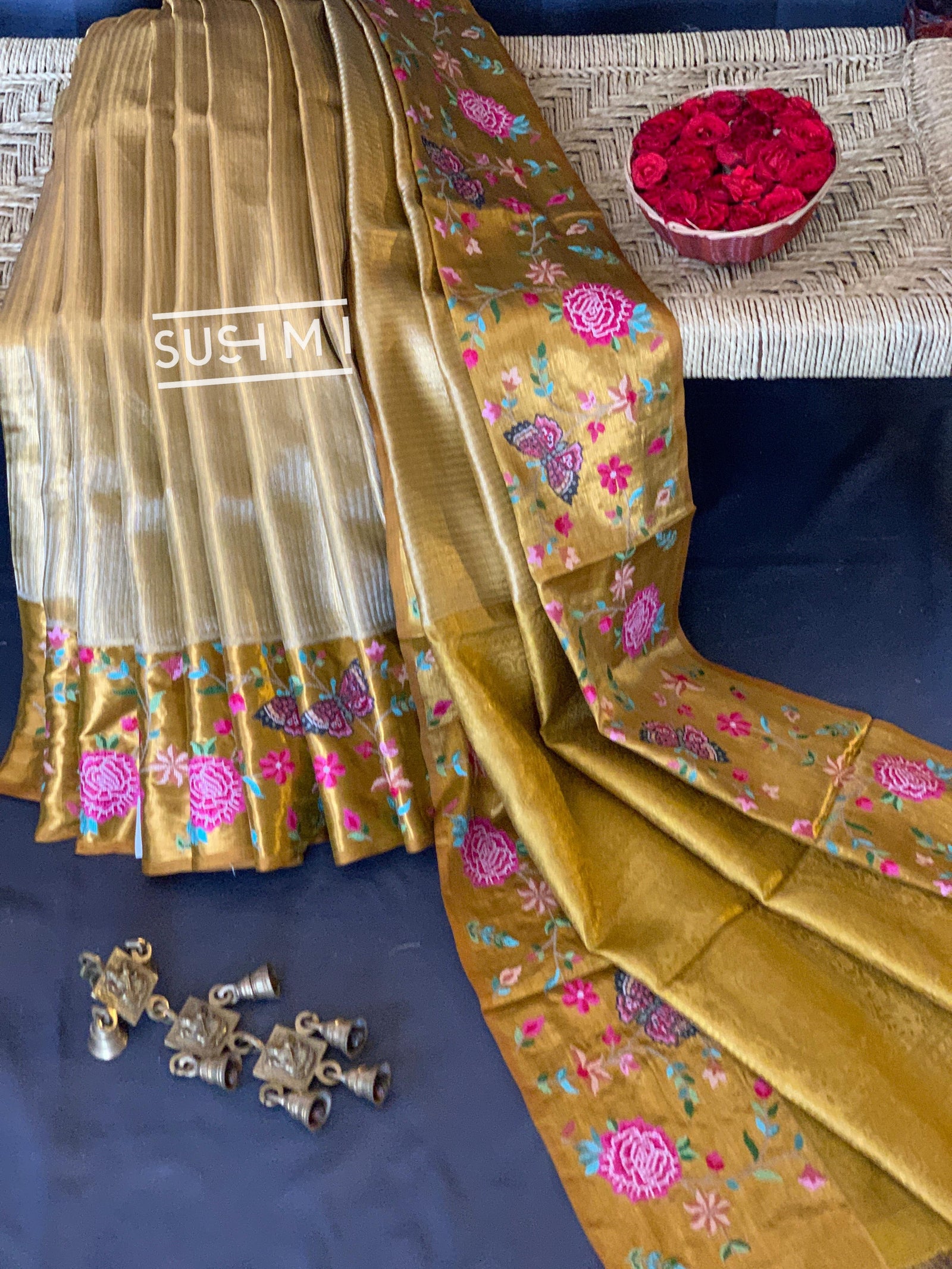 Gold Kanjeevaram Tissue Sareewith petite point embroidery : S62F086