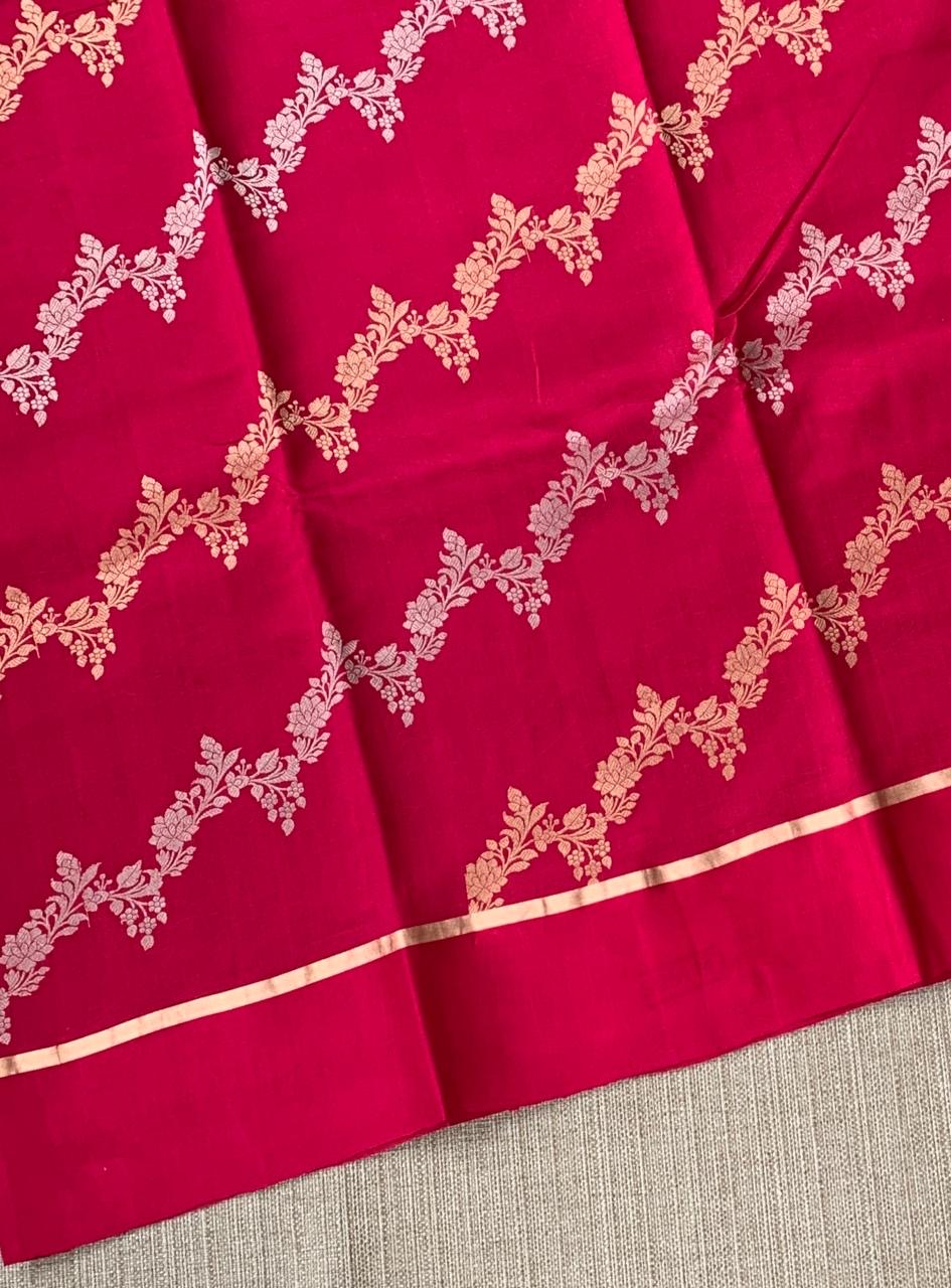 Ruby Pink Raw Mangoe Silk Saree in half and half style