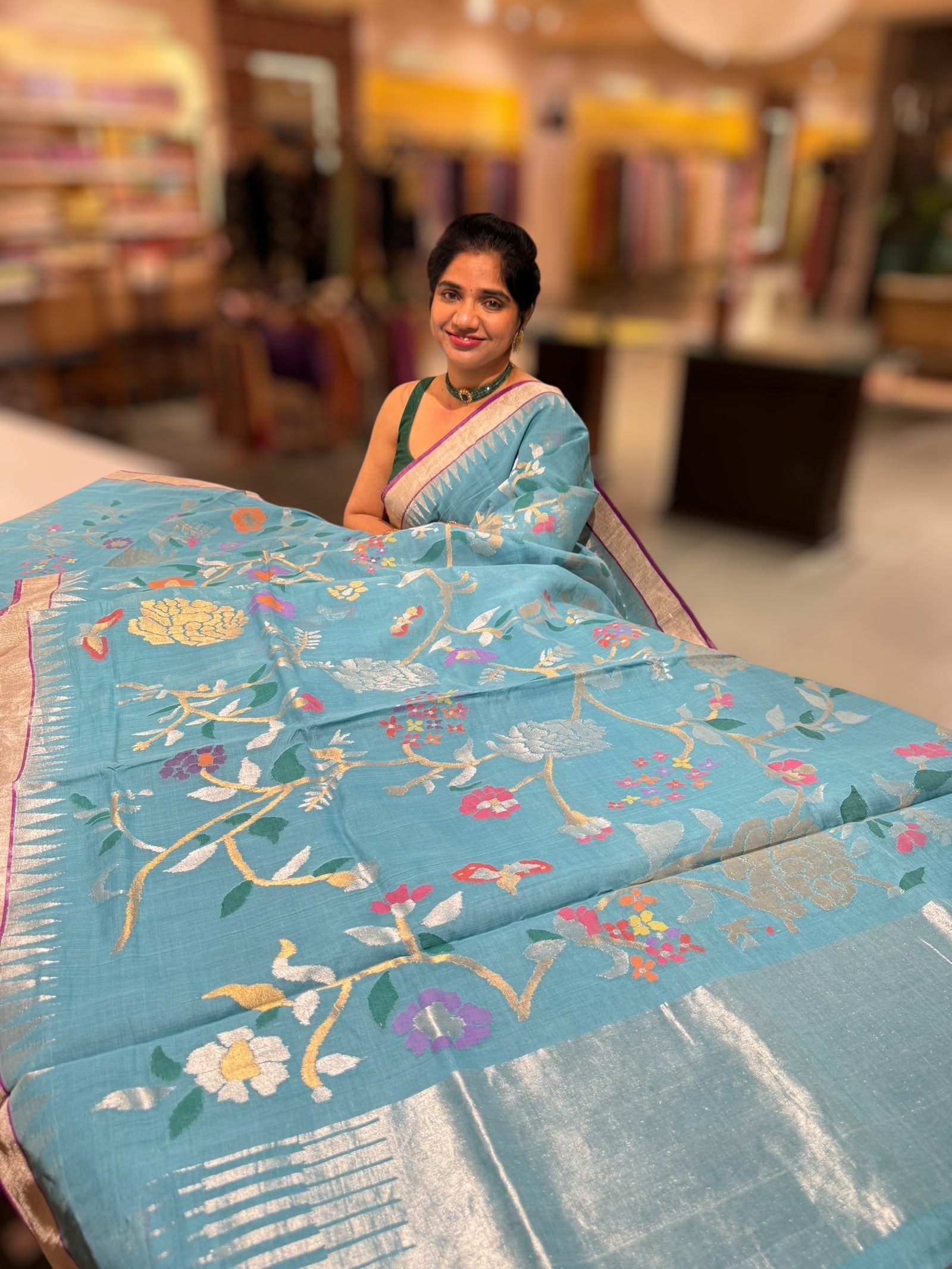 Blue Ponduru Khadi Jamdani Allover Meenkari Weaving Saree