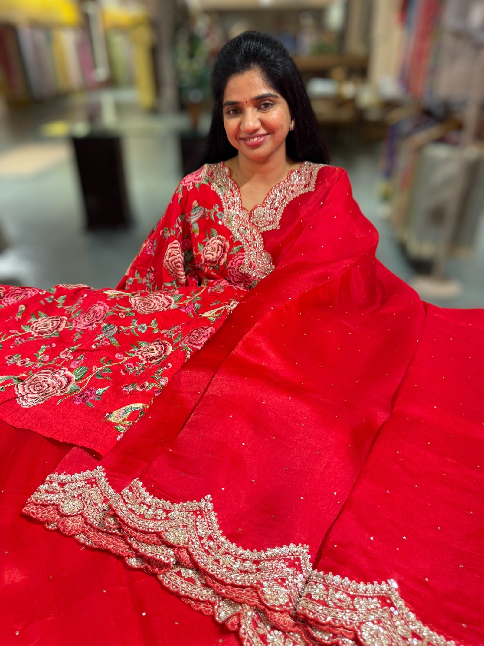 Chilli Red Pure Organza Handwork Saree with heavy Designer Blouse