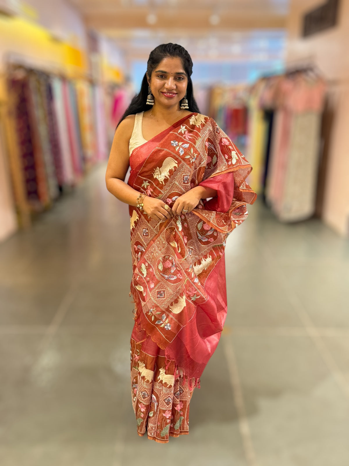 Rust Red/ Brick Red Kora-Tussar blend Handloom Saree with Tissue embroidered Skirt Border