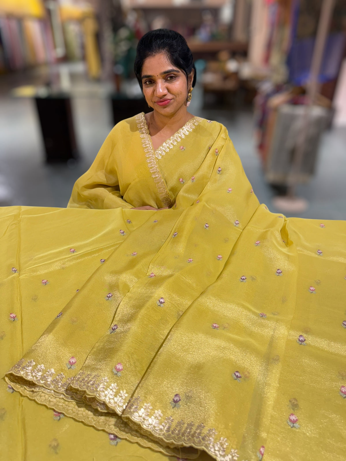 Lime Yellow Tissue Georgette Saree with petite point emb