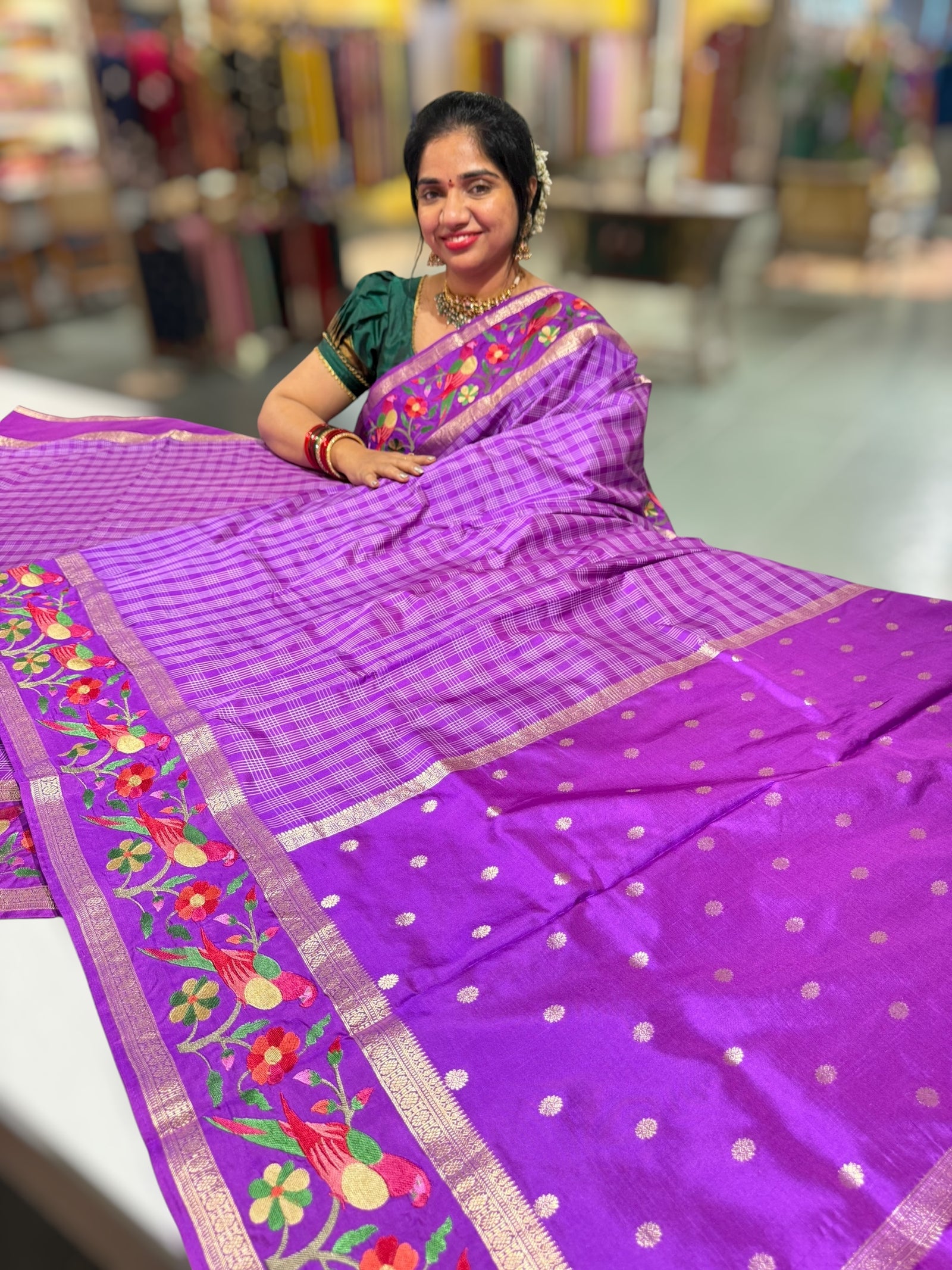 Majenta Purple Kanchi Vintage Checks soft silk Saree with paithani inspired embroidered border