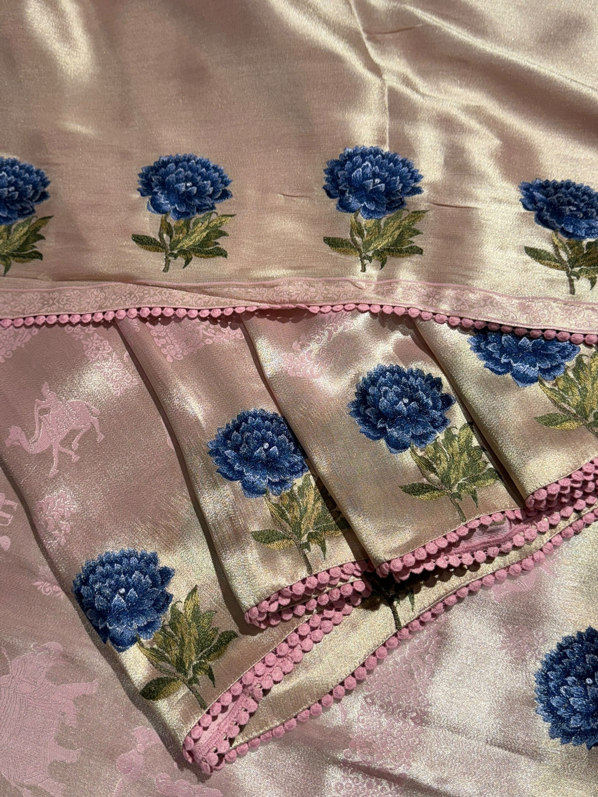 Baby Pink Banarasi Brocade tissue saree with tonchui style weaving & embroidered dahlia flower border