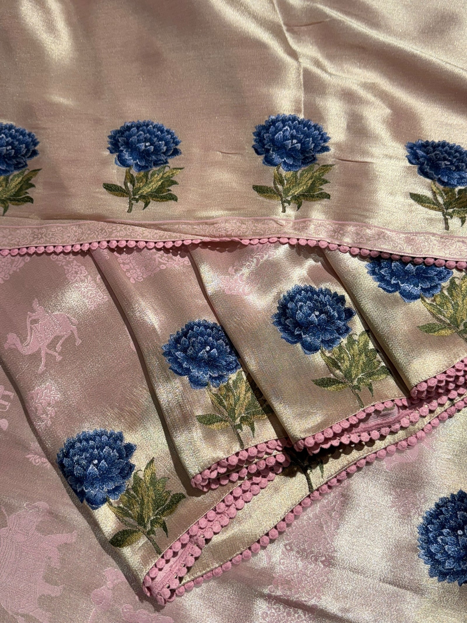 Baby Pink Banarasi Brocade tissue saree with tonchui style weaving & embroidered dahlia flower border