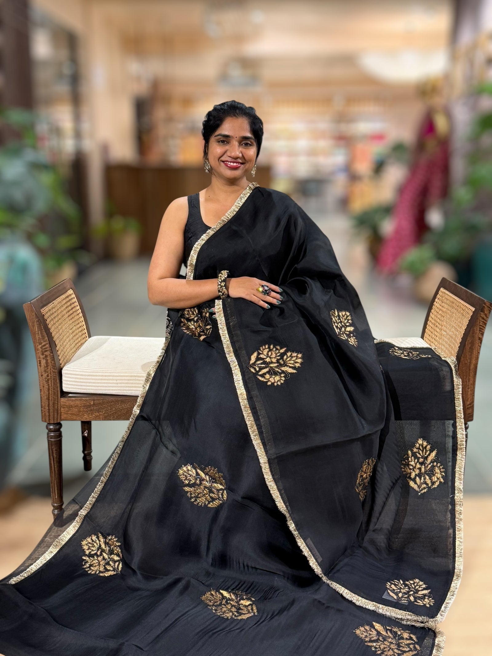 Black Organza Saree With Applique Work